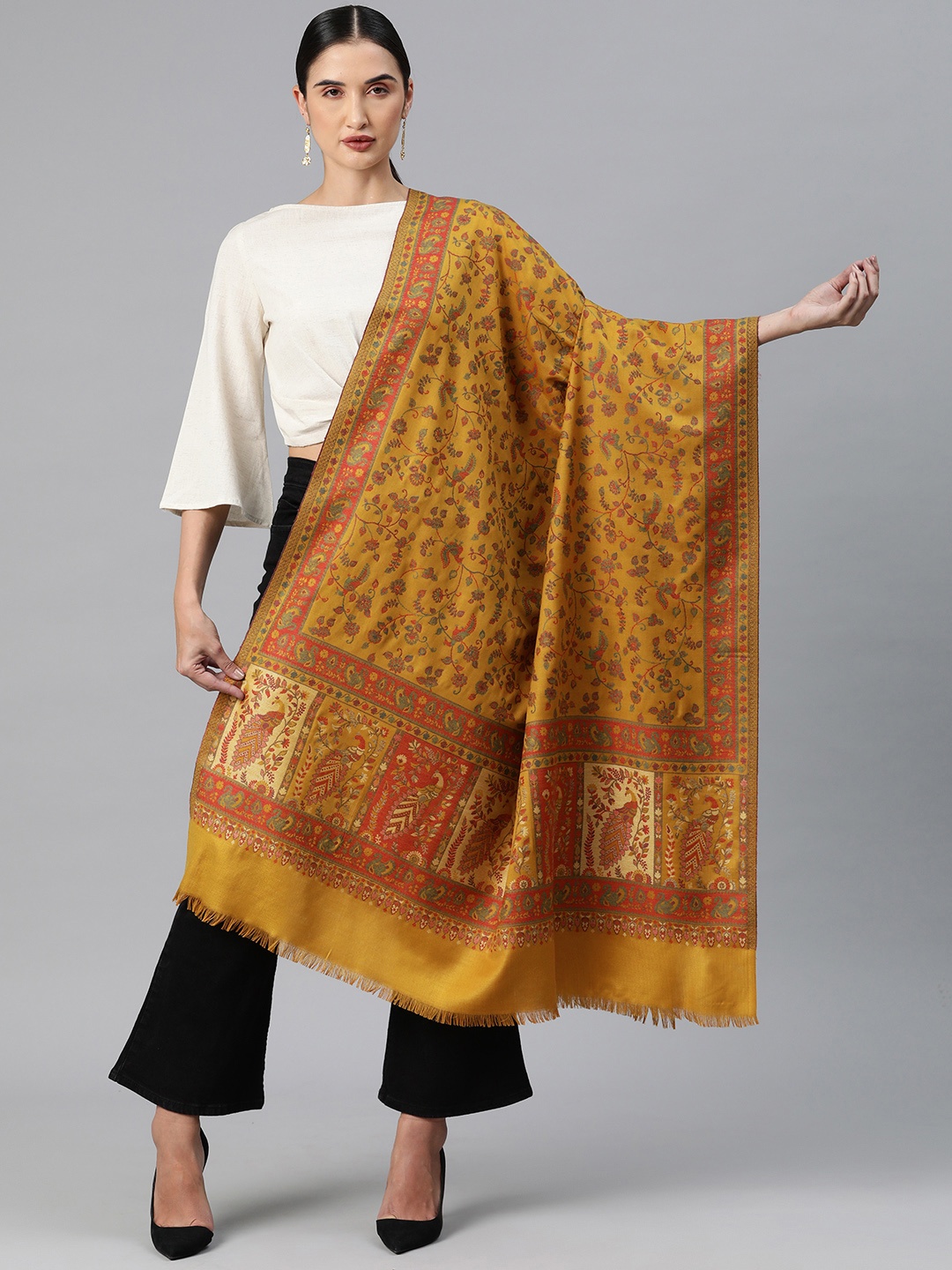 

HK colours of fashion Women Floral Woven Design Pashmina Shawl, Mustard