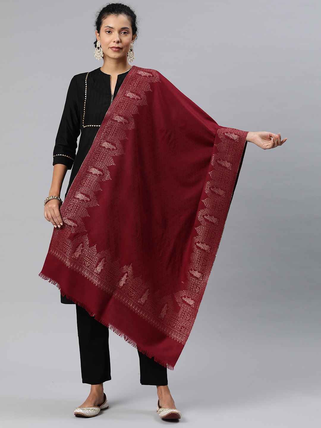 

HK colours of fashion Ethnic Motifs Woven Design Pashmina Stole, Maroon