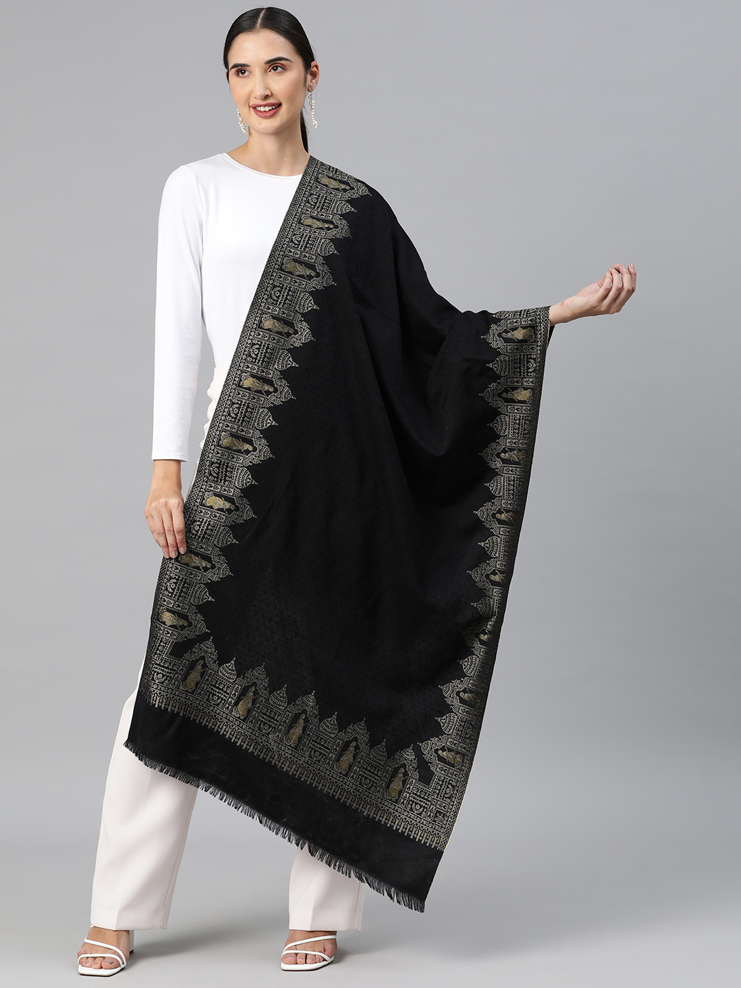 

HK colours of fashion Women Tribal Woven Design Pashmina Stole, Black