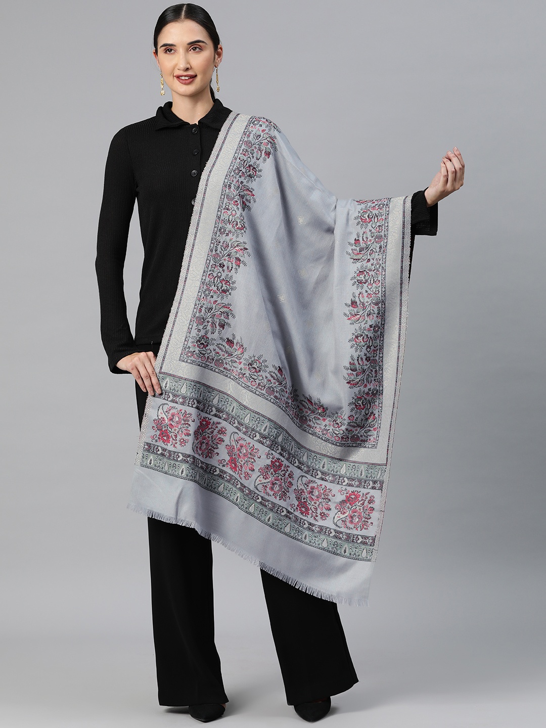 

HK colours of fashion Women Floral Woven Design Pashmina Shawl, Grey