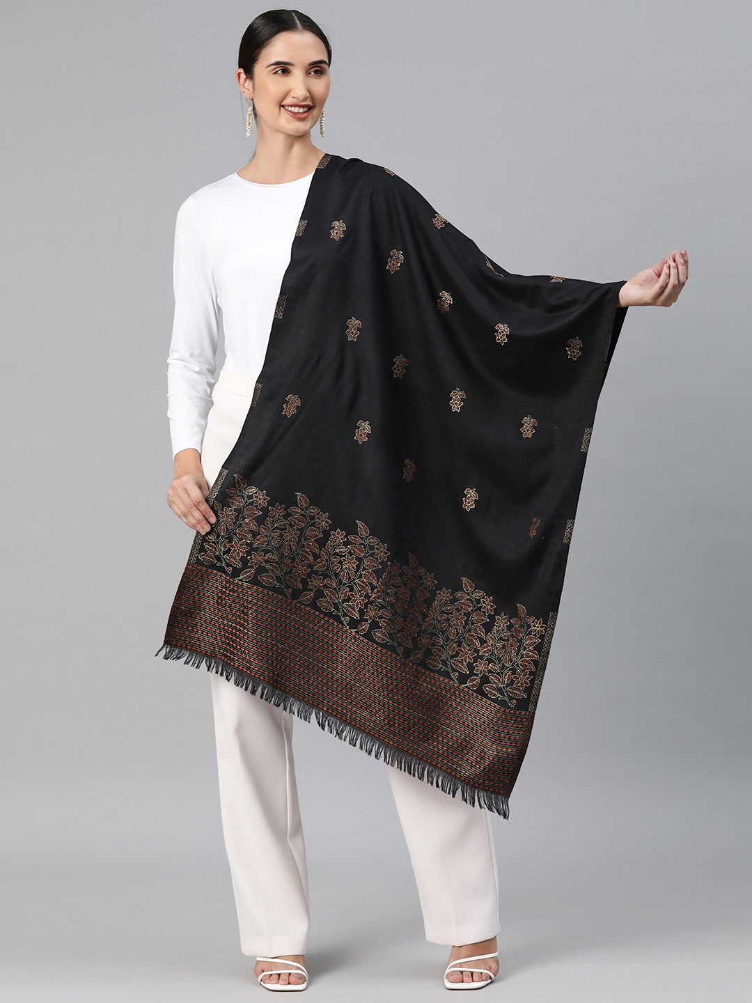 

HK colours of fashion Women Floral Woven Design Pashmina Stole, Black