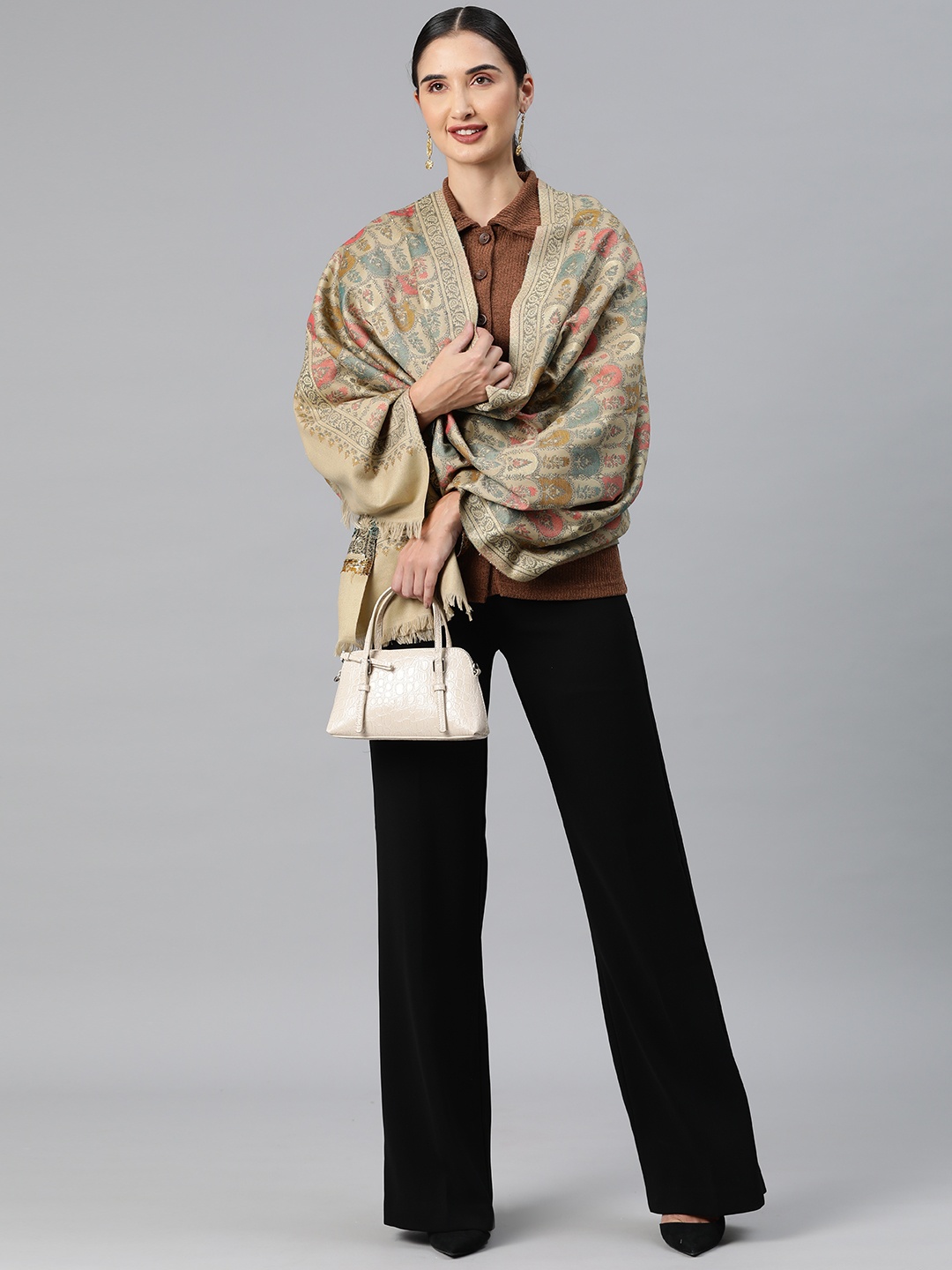 

HK colours of fashion Women Ethnic Motifs Woven Design Pashmina Shawl, Beige