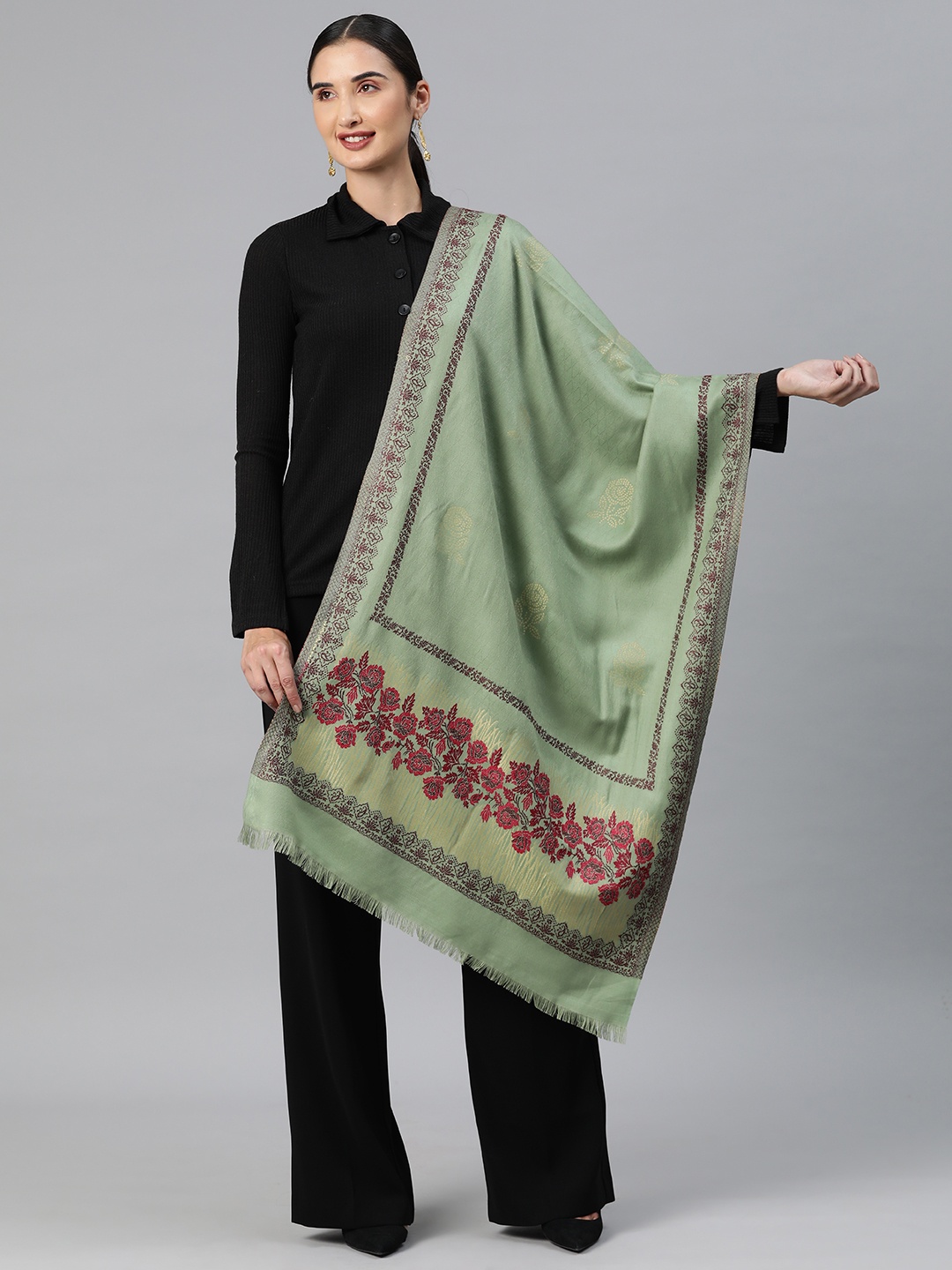 

HK colours of fashion Women Floral Woven Design Pashmina Stole, Green