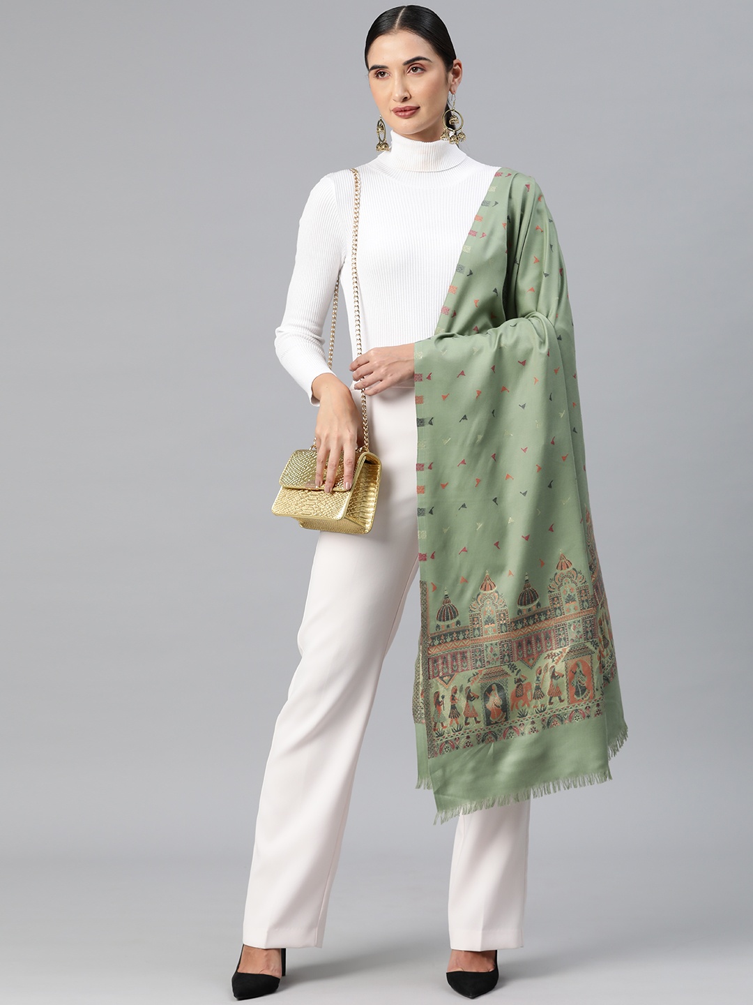 

HK colours of fashion Women Tribal Woven Design Pashmina Shawl, Green