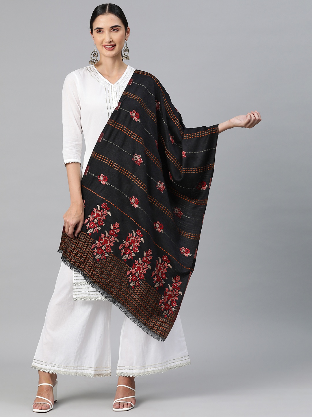 

HK colours of fashion Women Floral Woven Design Pashmina Stole, Black