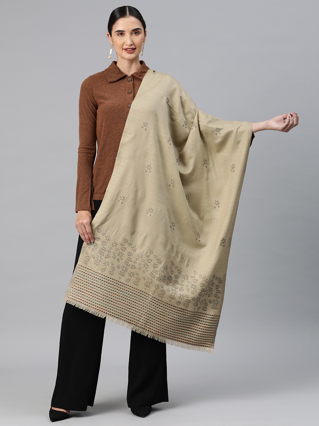 

HK colours of fashion Women Floral Woven Design Pashmina Stole, Beige