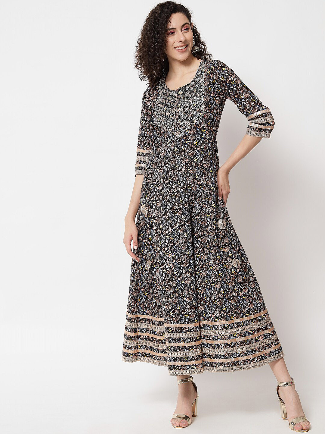 

AAYUMI Floral Printed Mirror Work Pure Cotton Anarkali Kurta, Black