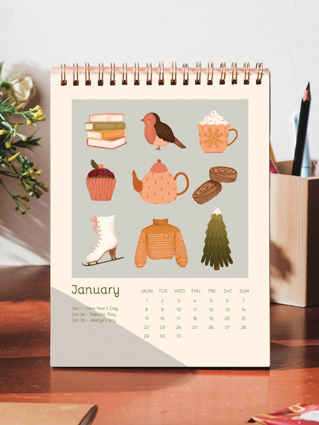 

happywagon 2024 Tea Party Printed Desk Calendar, Peach