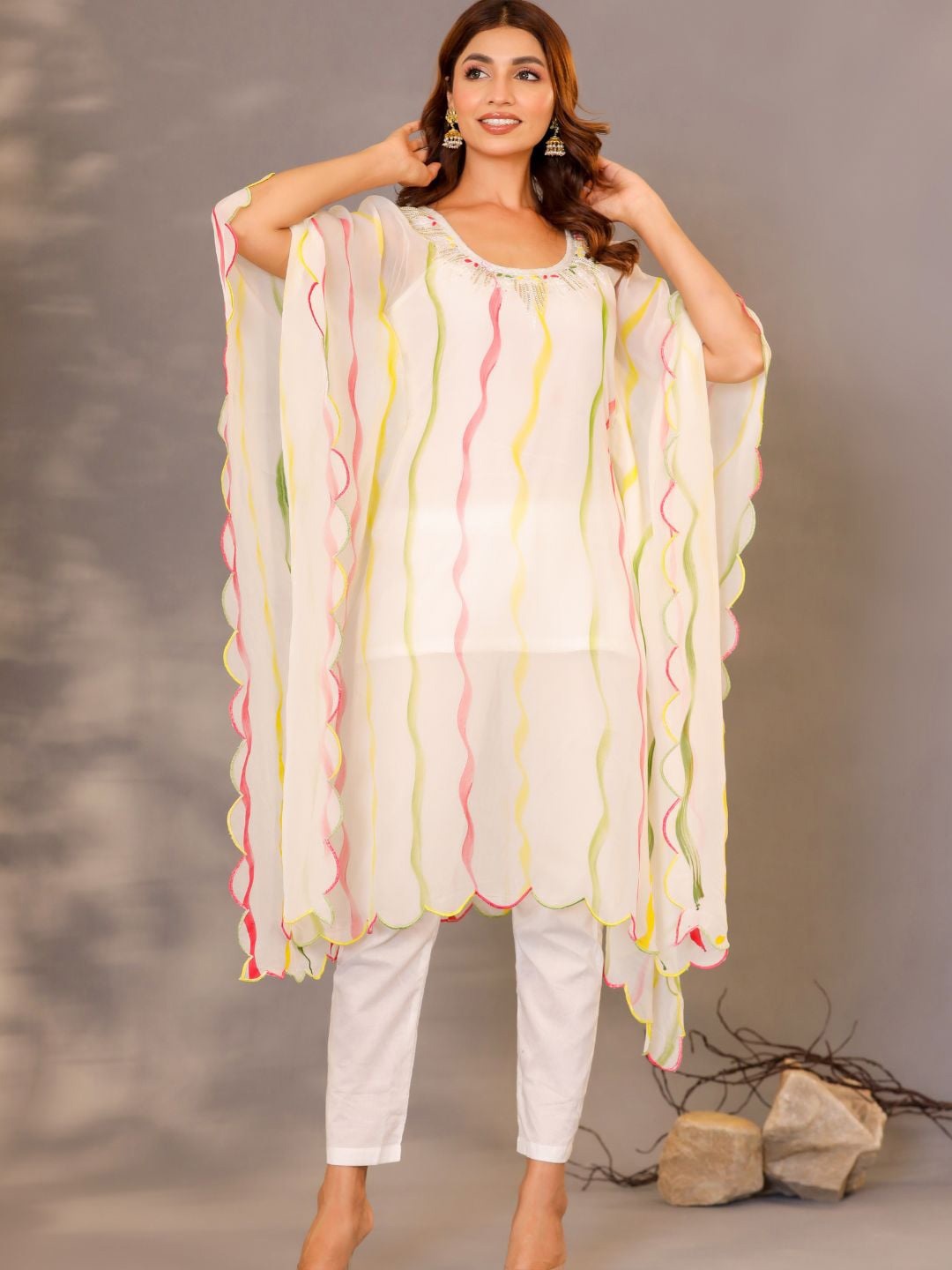 

HOUSE OF JAMOTI Striped Bead & Stones Kaftan Organza Kurta with Trousers, White