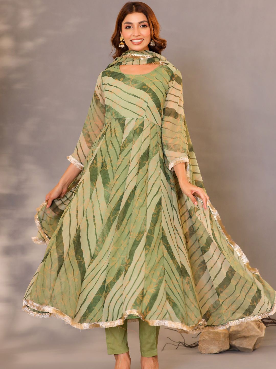 

HOUSE OF JAMOTI Striped Gotta Patti Anarkali Georgette Kurta with Trousers & Dupatta, Green