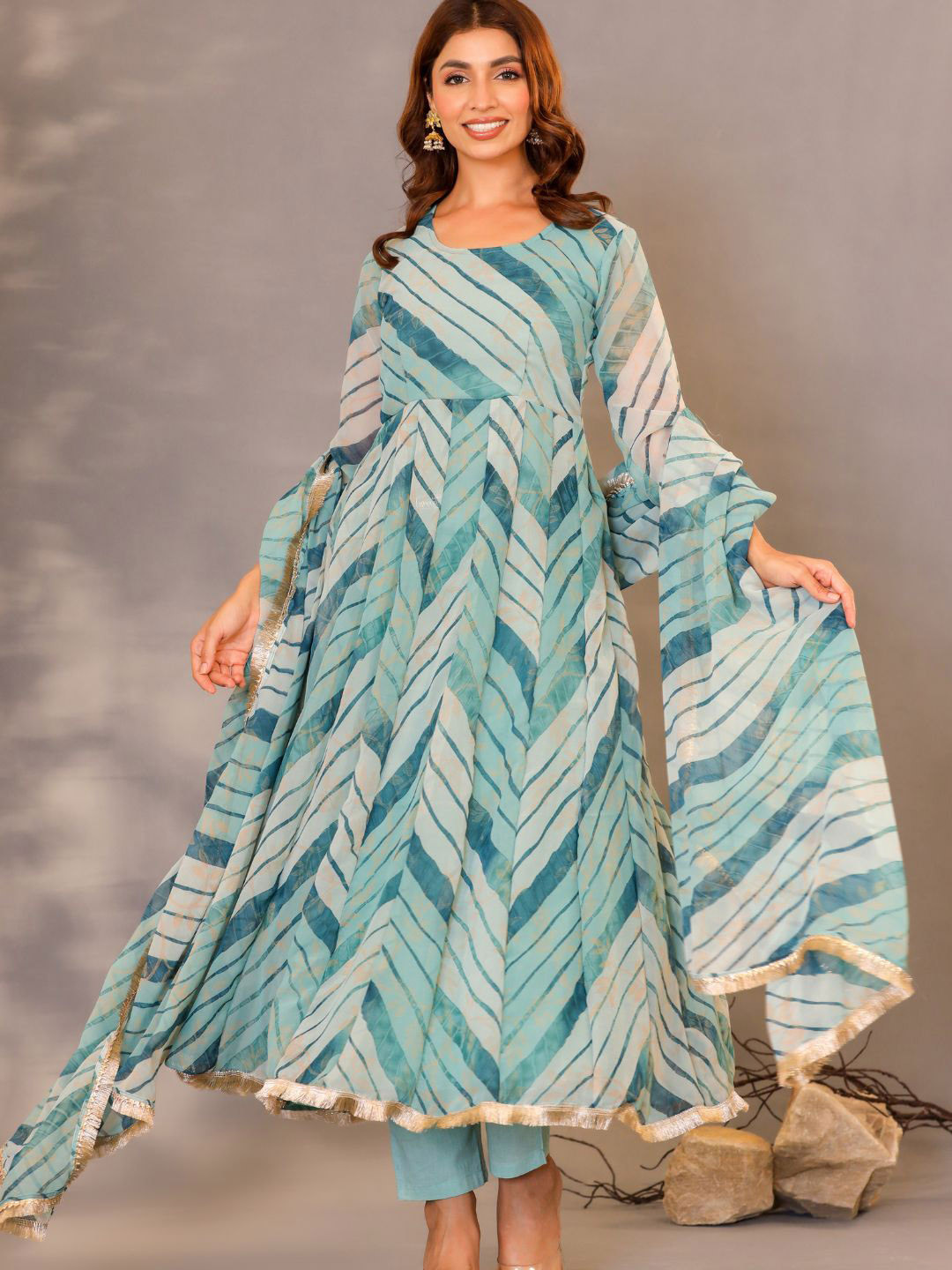 

HOUSE OF JAMOTI Striped Gotta Patti Anarkali Georgette Kurta with Trousers & Dupatta, Blue