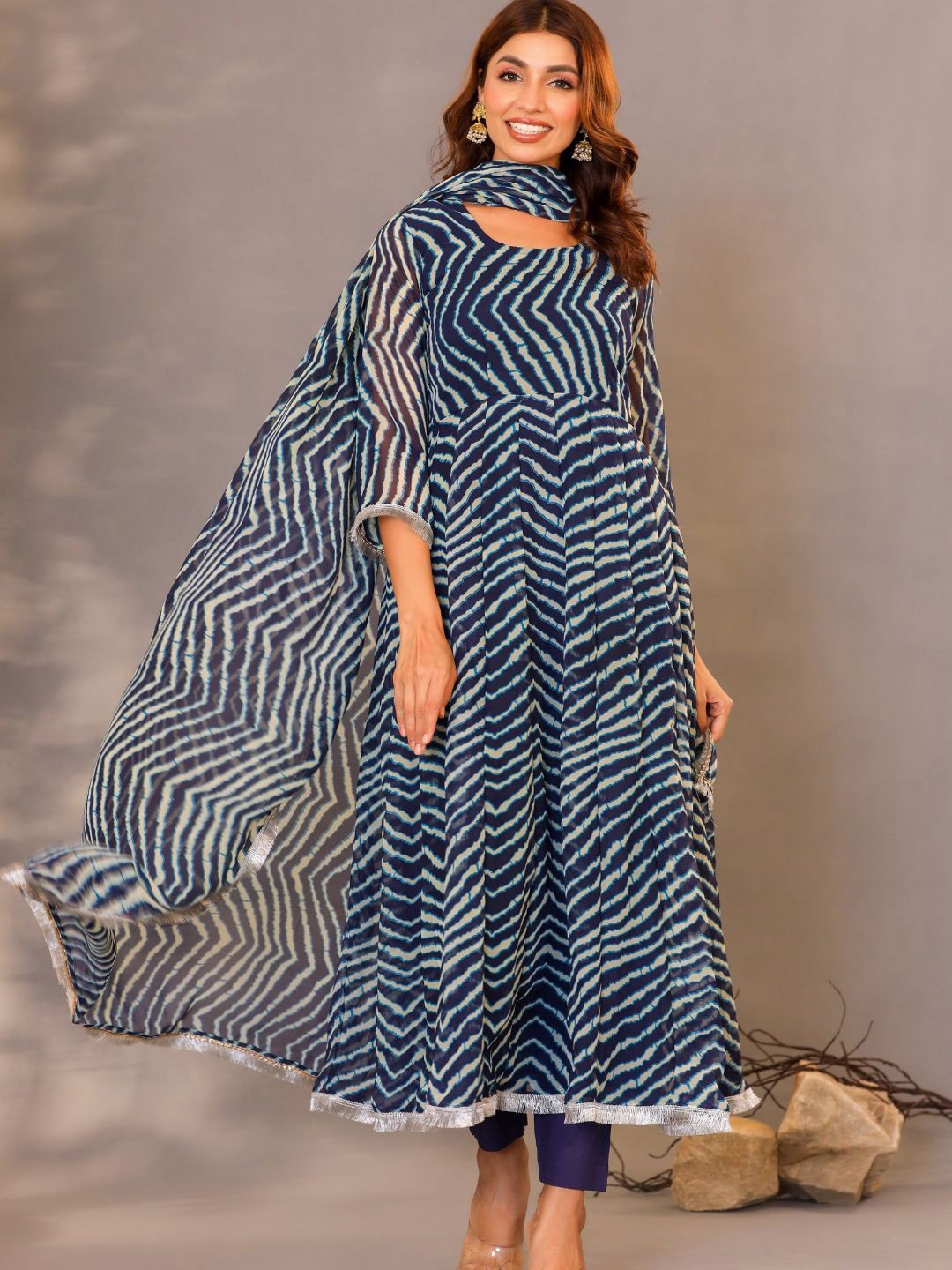 

HOUSE OF JAMOTI Striped Gotta Patti Anarkali Georgette Kurta with Trousers & Dupatta, Blue
