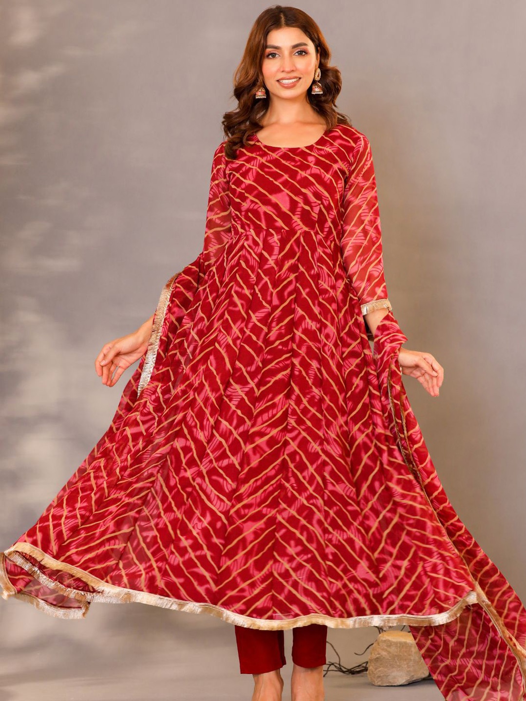 

HOUSE OF JAMOTI Striped Gotta Patti Anarkali Georgette Kurta with Trousers & Dupatta, Maroon