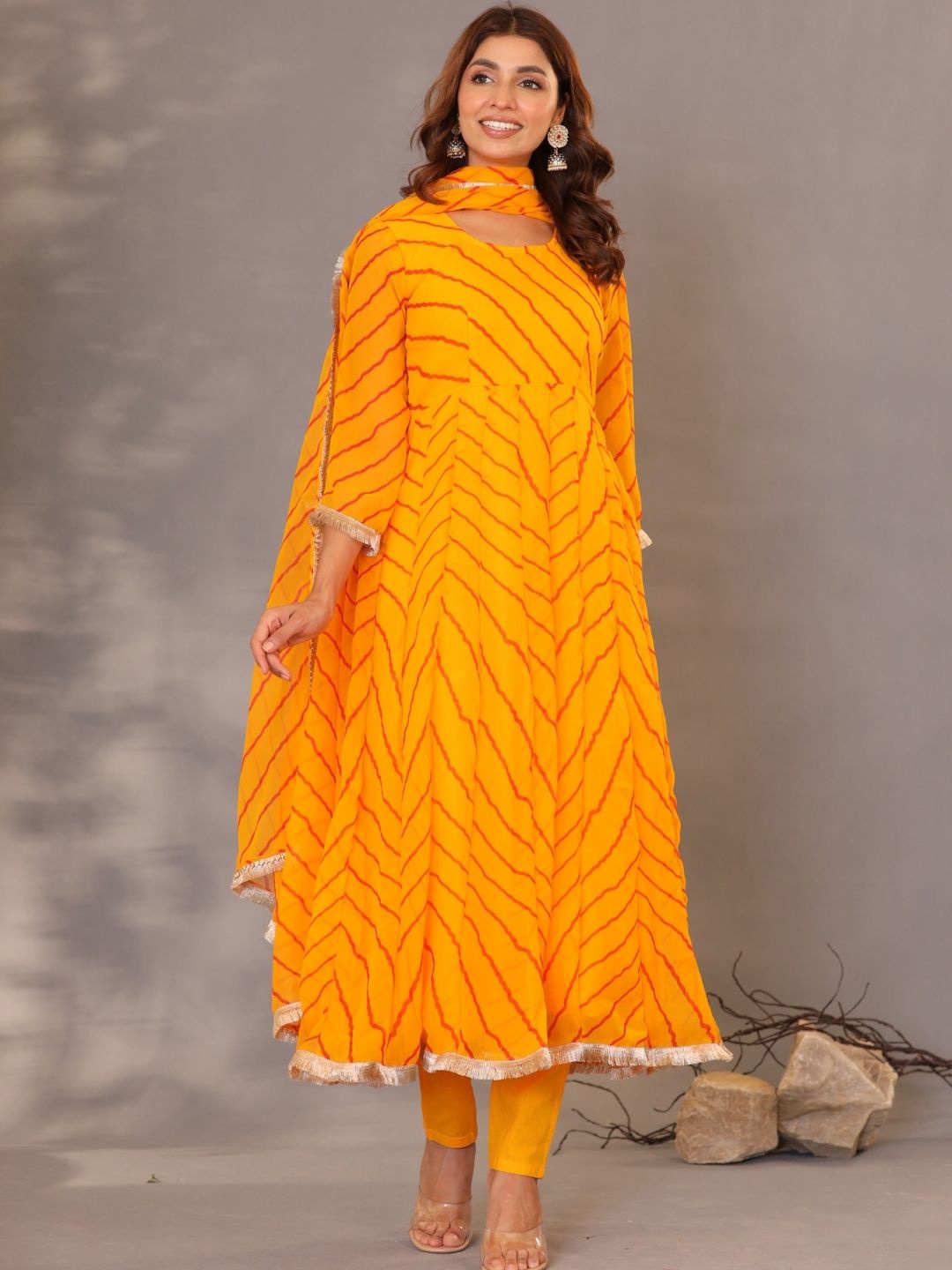 

HOUSE OF JAMOTI Leheriya Printed Anarkali Georgette Kurta with Trousers & Dupatta, Orange