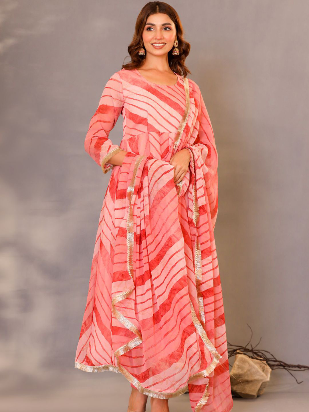 

HOUSE OF JAMOTI Striped Gotta Patti Anarkali Georgette Kurta with Trousers & Dupatta, Pink