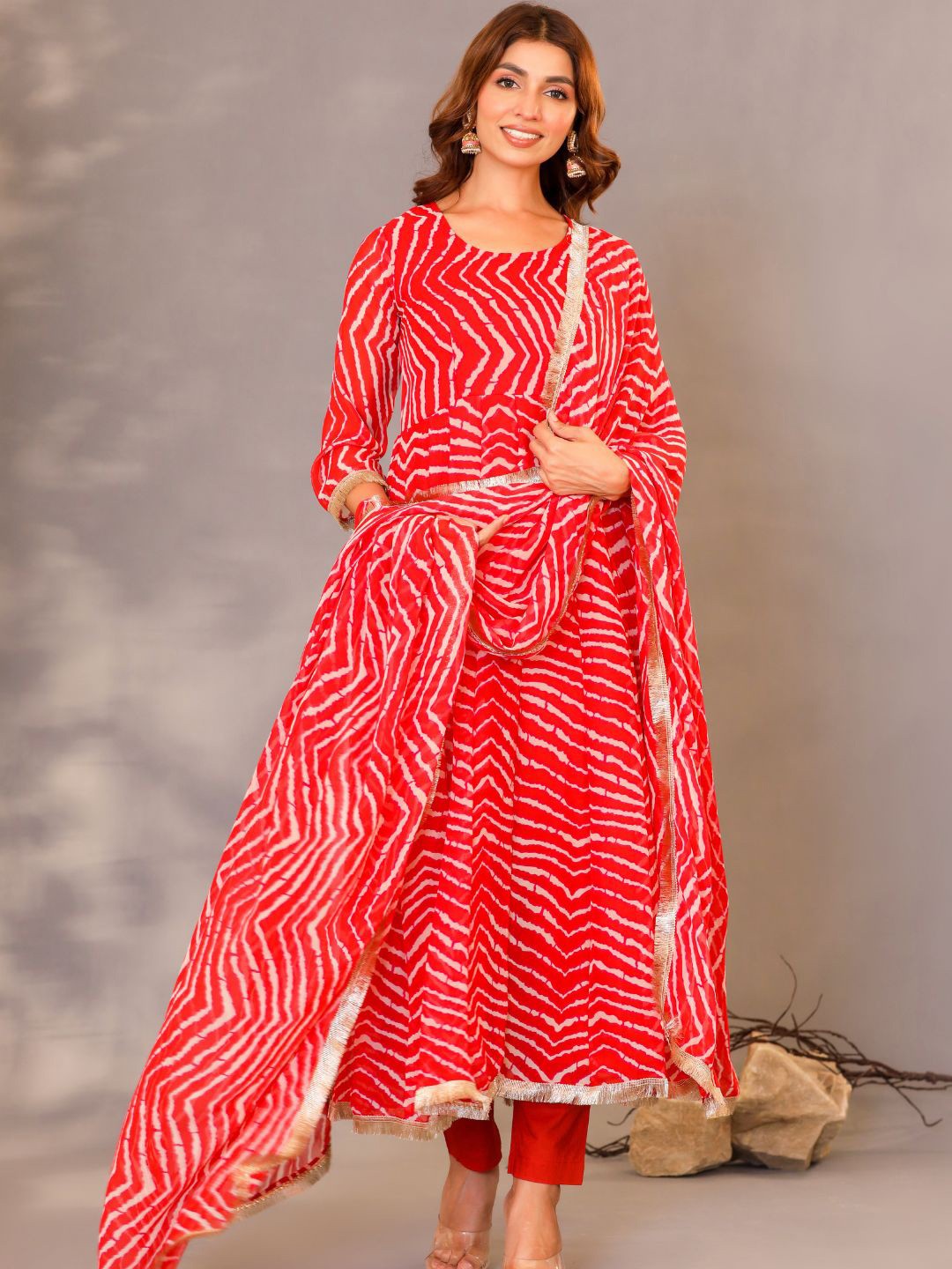 

HOUSE OF JAMOTI Striped Gotta Patti Anarkali Georgette Kurta with Trousers & Dupatta, Red
