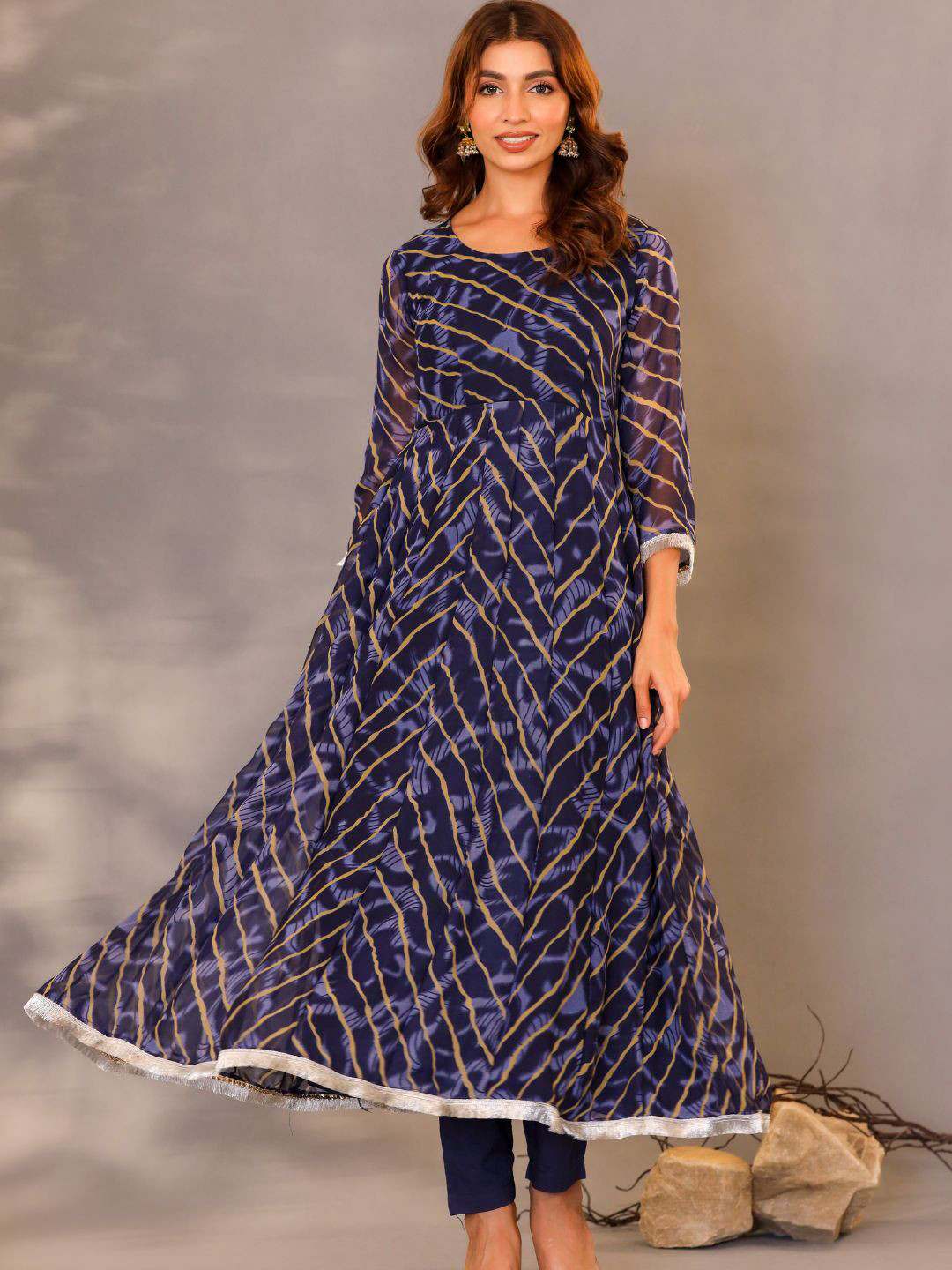 

HOUSE OF JAMOTI Striped Gotta Patti Anarkali Georgette Kurta with Trousers & Dupatta, Navy blue