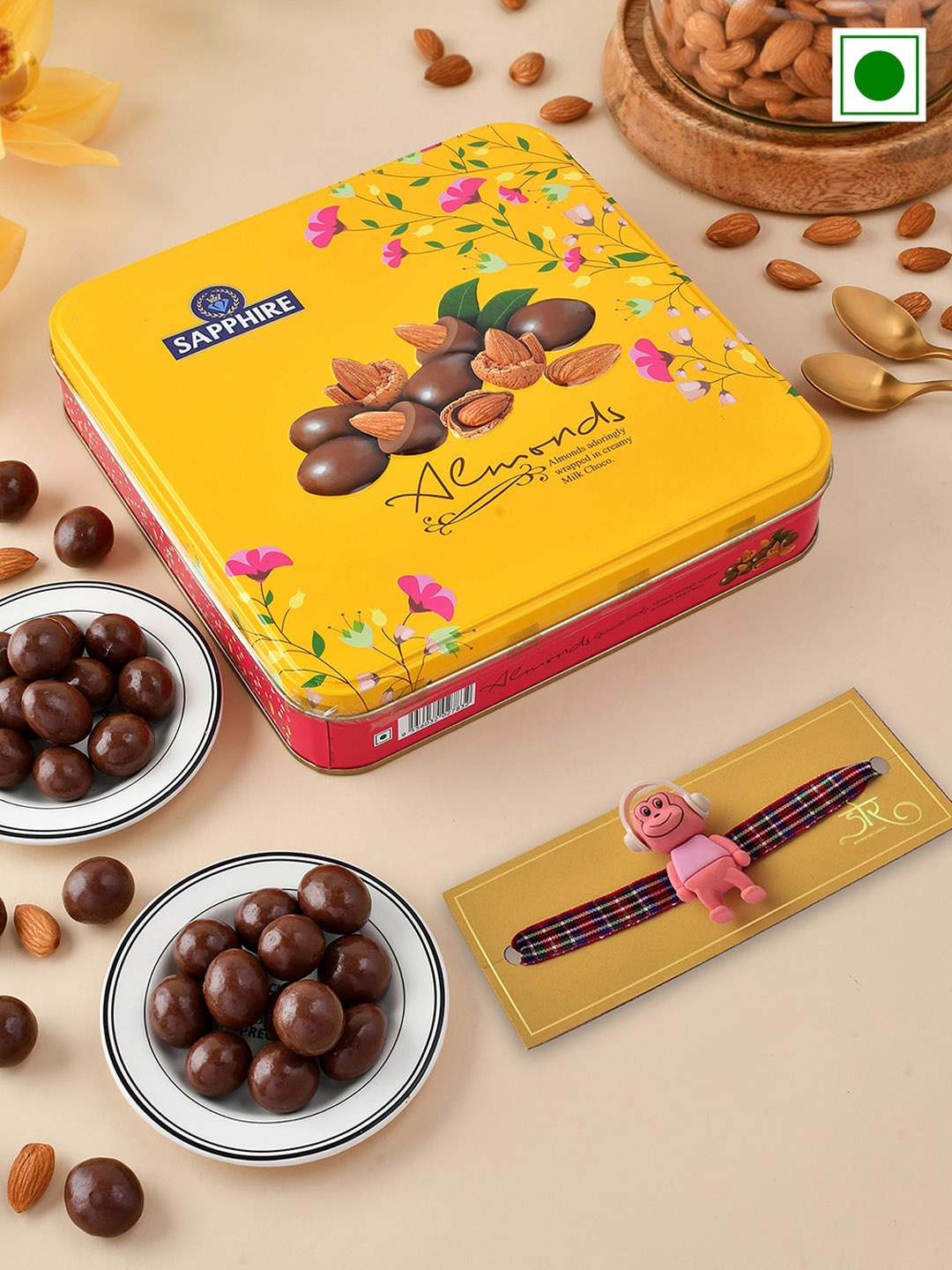 

Hyperfoods Rakhis With Sapphire Chocolate Coated Almond Set, Yellow