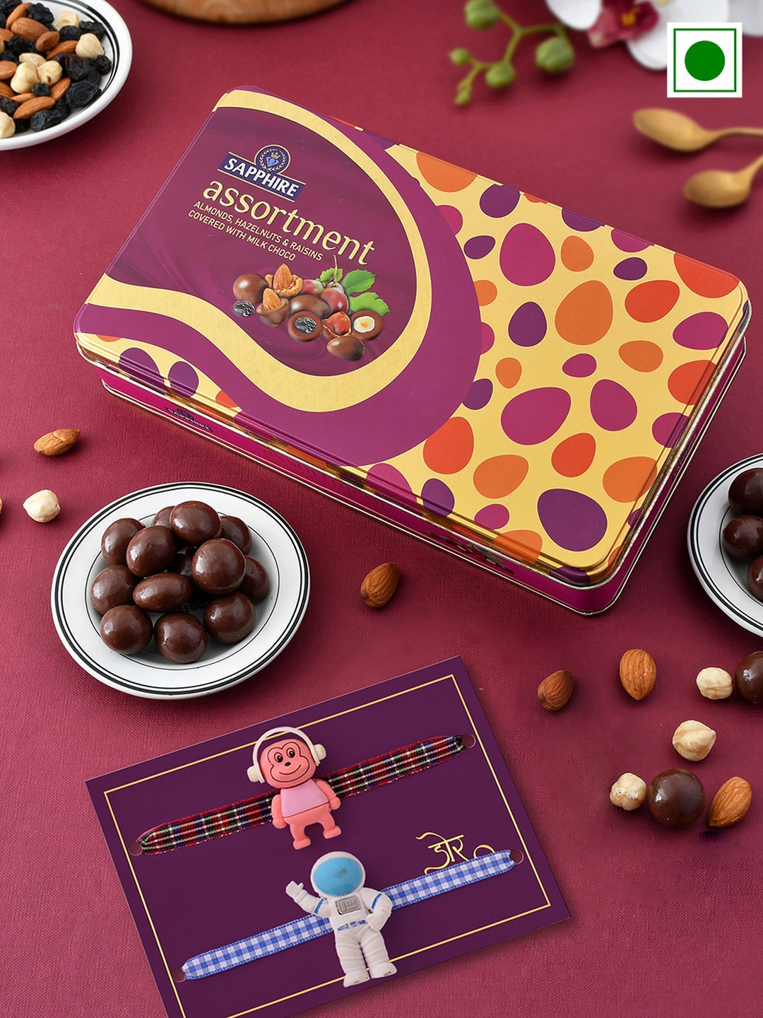 

Hyperfoods Kids Set Of 2 Rakhi With Sapphire Chocolate Fruit & Nut Gift Set, Red