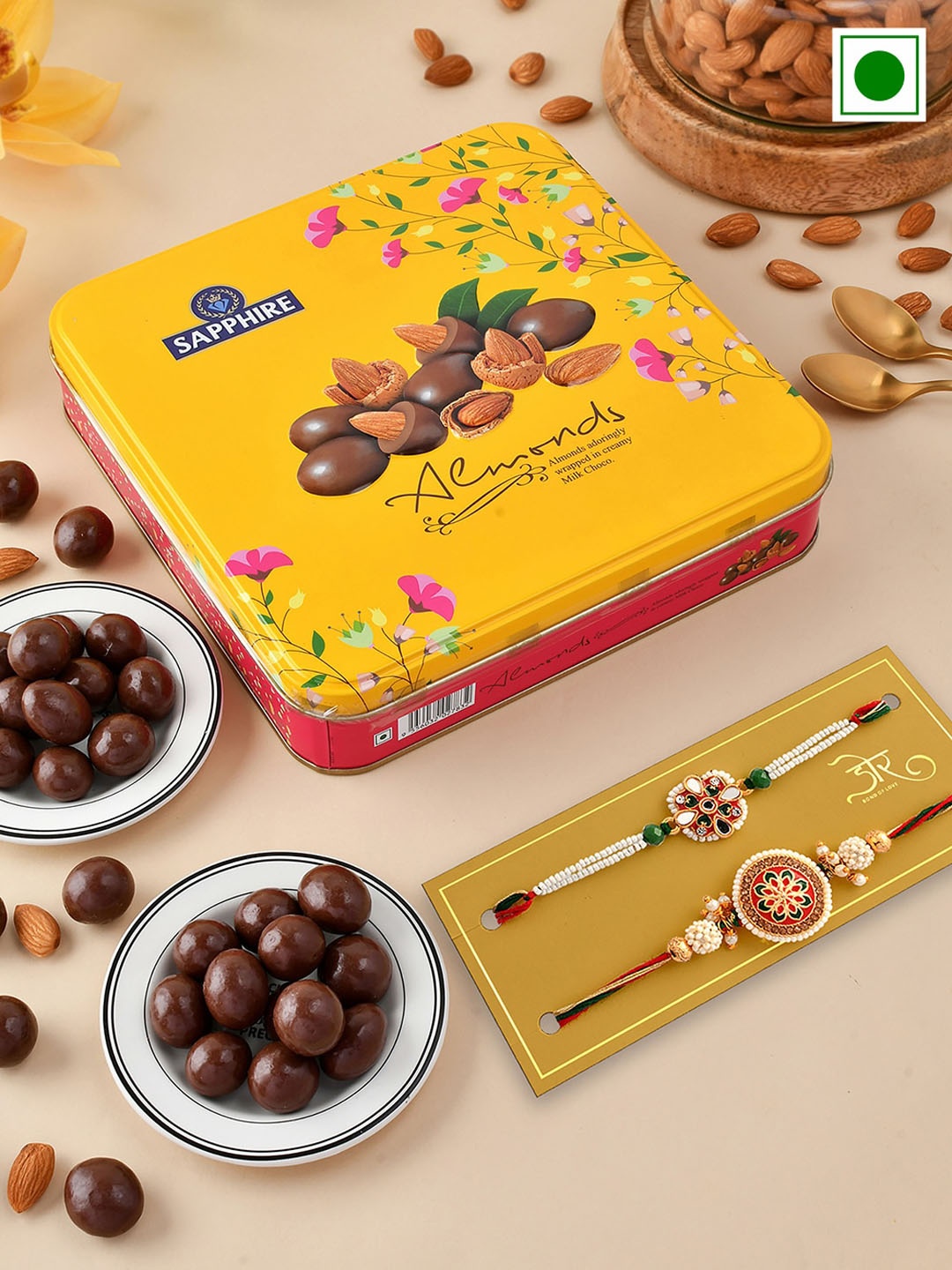 

Hyperfoods Set Of 2 Meenakari Stone-Studded Rakhis With Almond Gift Set, Red
