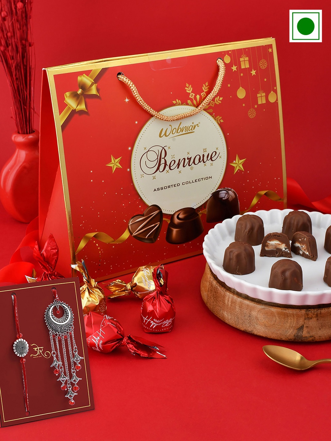 

Hyperfoods Set Of 2 Stone-Studded Rakhis With Chocolate Gift Set, Red