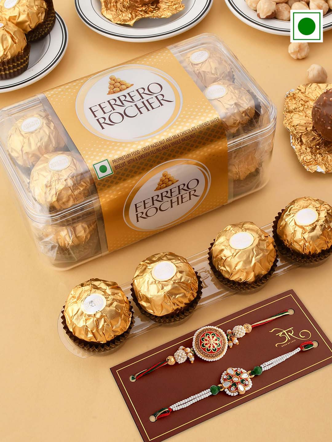 

Hyperfoods Set Of 2 Beaded Rakhis With Ferrero Rocher Chocolate Set, Gold