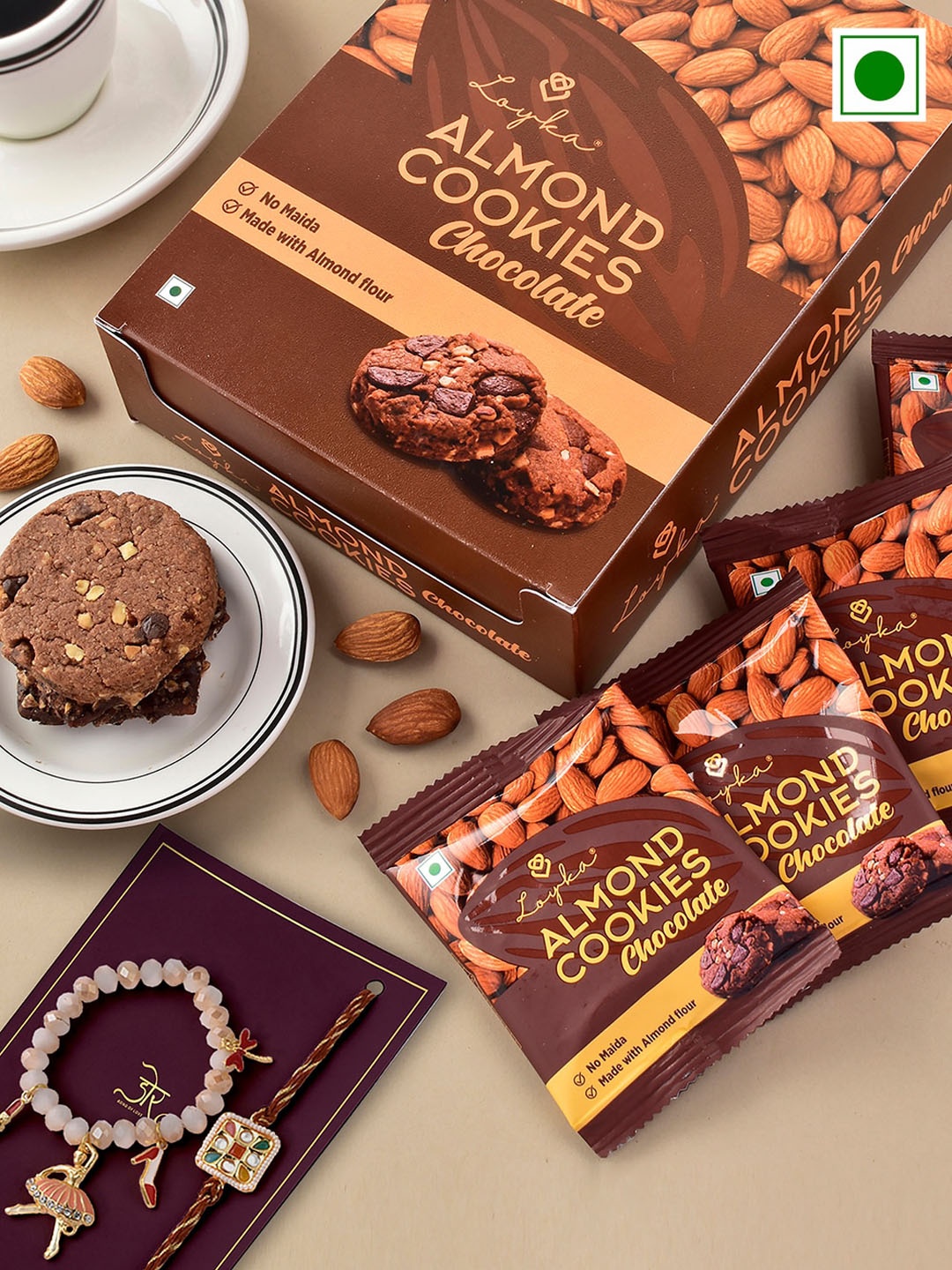 

Hyperfoods Set Of 2 Rakhi with Loyka Almond Cookies Chocolates Gift Set 180gm, Brown