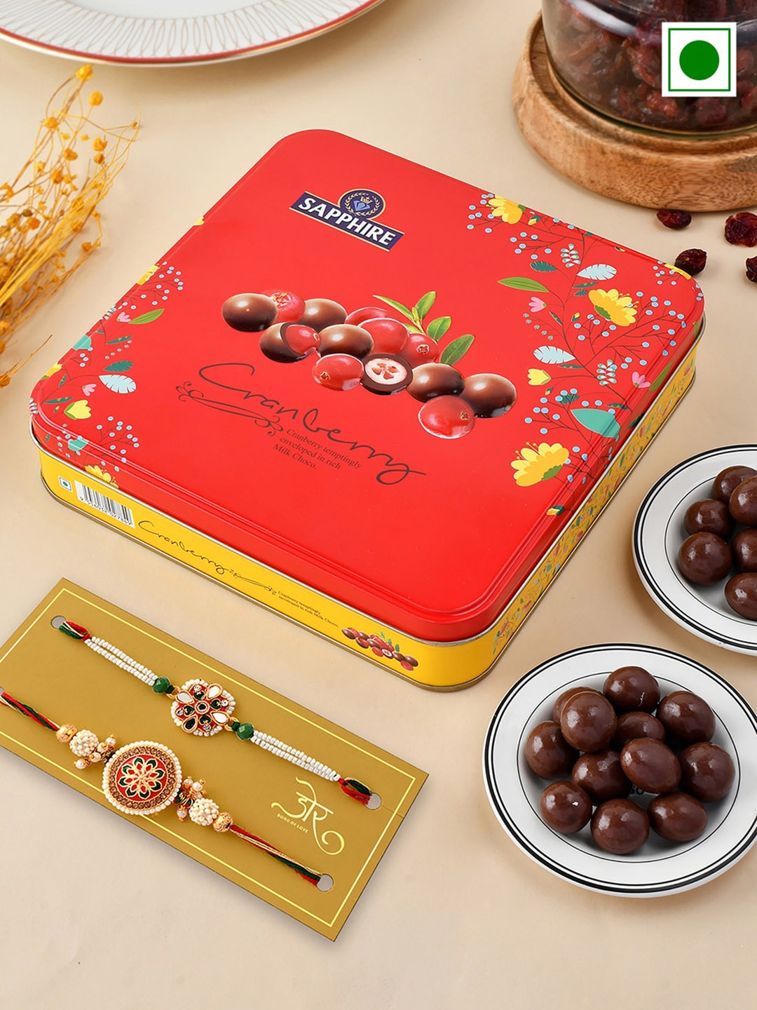 

Hyperfoods Set Of 2 Meenakari Stone-Studded Rakhis With Chocolate Gift Set, Red