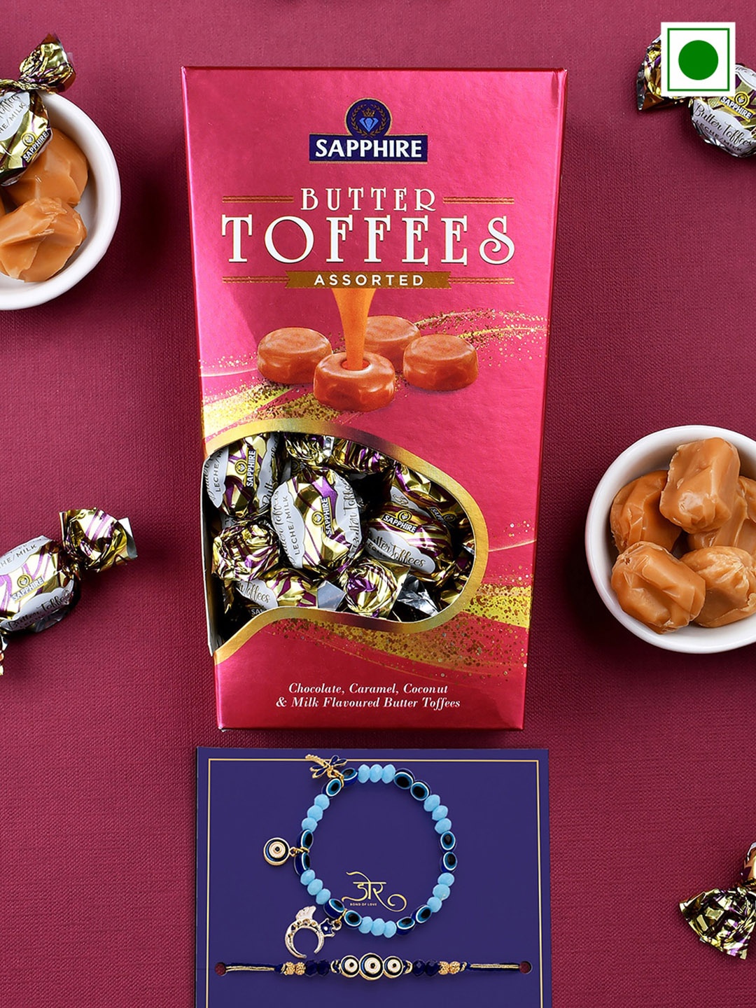 

Hyperfoods Set Of 2 Beaded Rakhis With Toffees Chocolate Gift Set 300gm, Blue