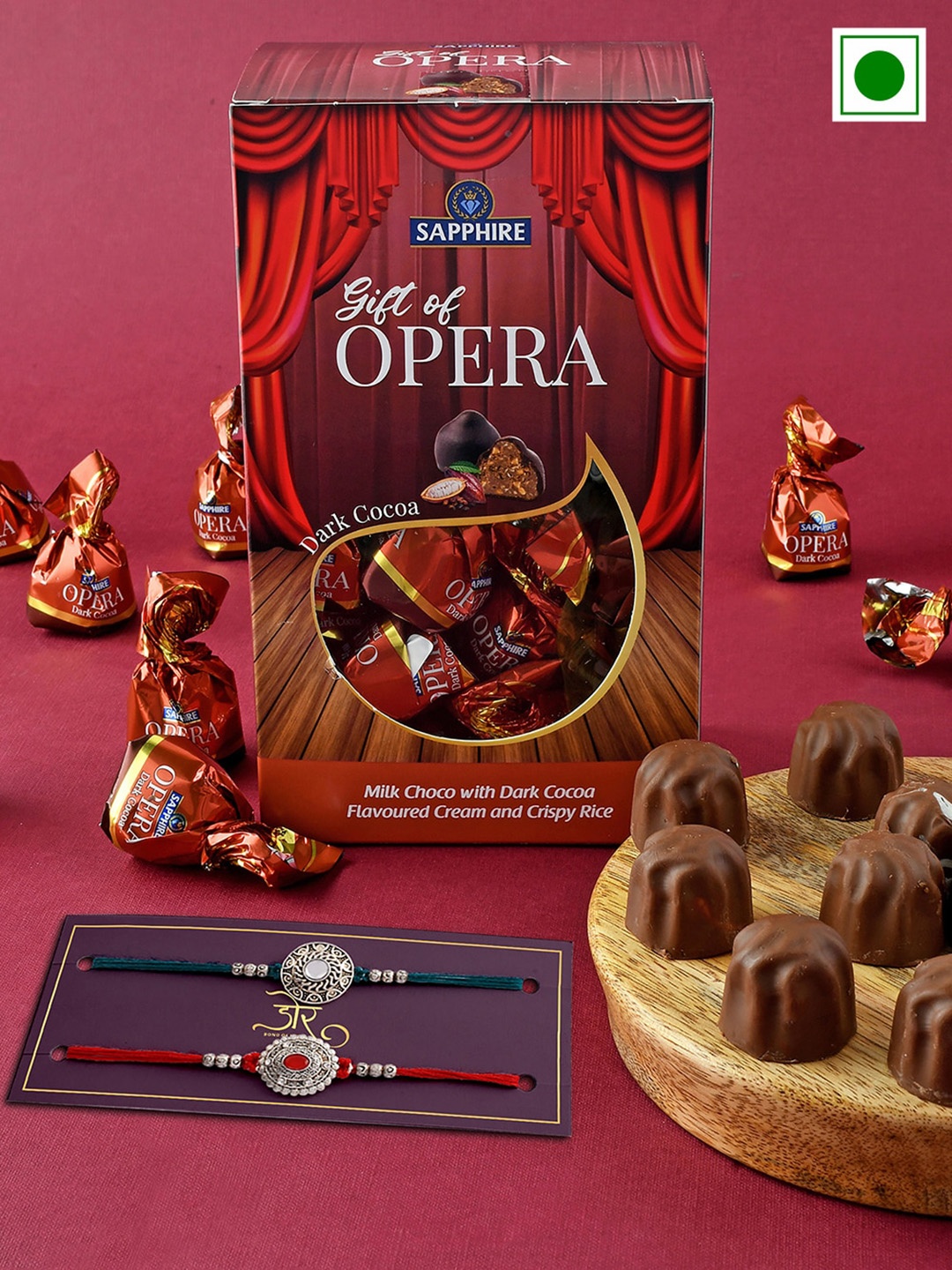 

Hyperfoods Set Of 2 Rakhis With Sapphire Gift Of Opera Chocolate Gift Set 420g, Red