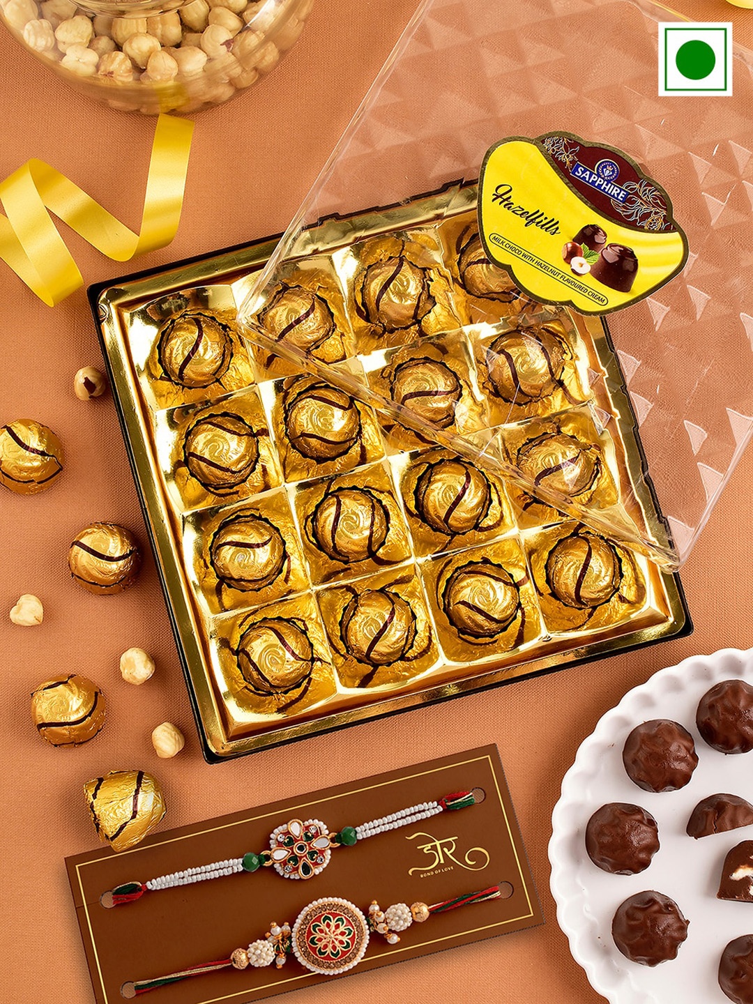 

Hyperfoods Set Of 2 Rakhi With Hazelfill Chocolates Gift Set 215gm, Gold