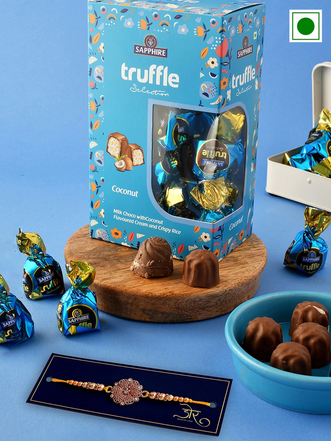 

Hyperfoods Rakhi With Sapphire Coconut Truffle Set, Blue