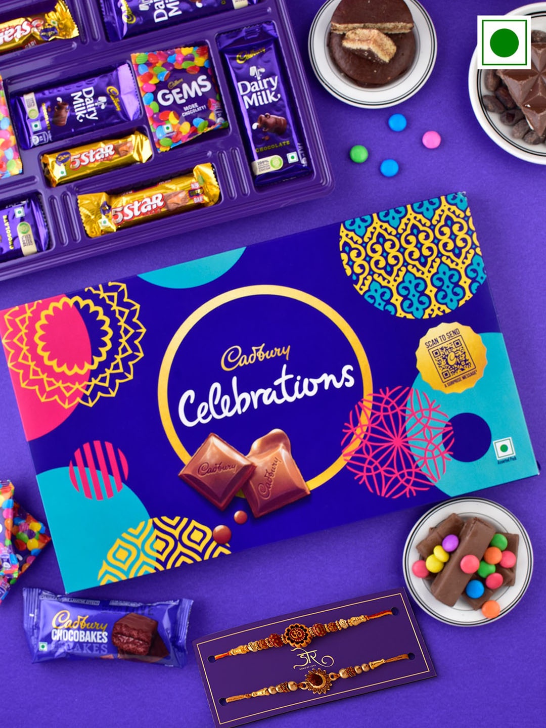 

Hyperfoods Set Of 2 Rudraksh Beaded Rakhis With Cadbury Celebrations Chocolate Gifts 167g, Brown