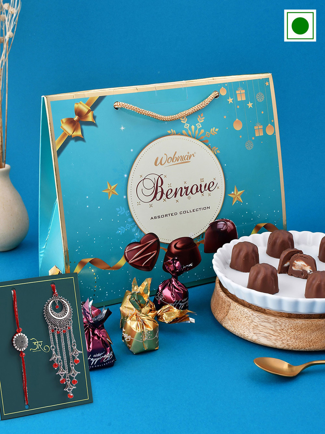 

Hyperfoods Set Of 2 Stone Studded Rakhi With Chocolate Gifts Set, Silver