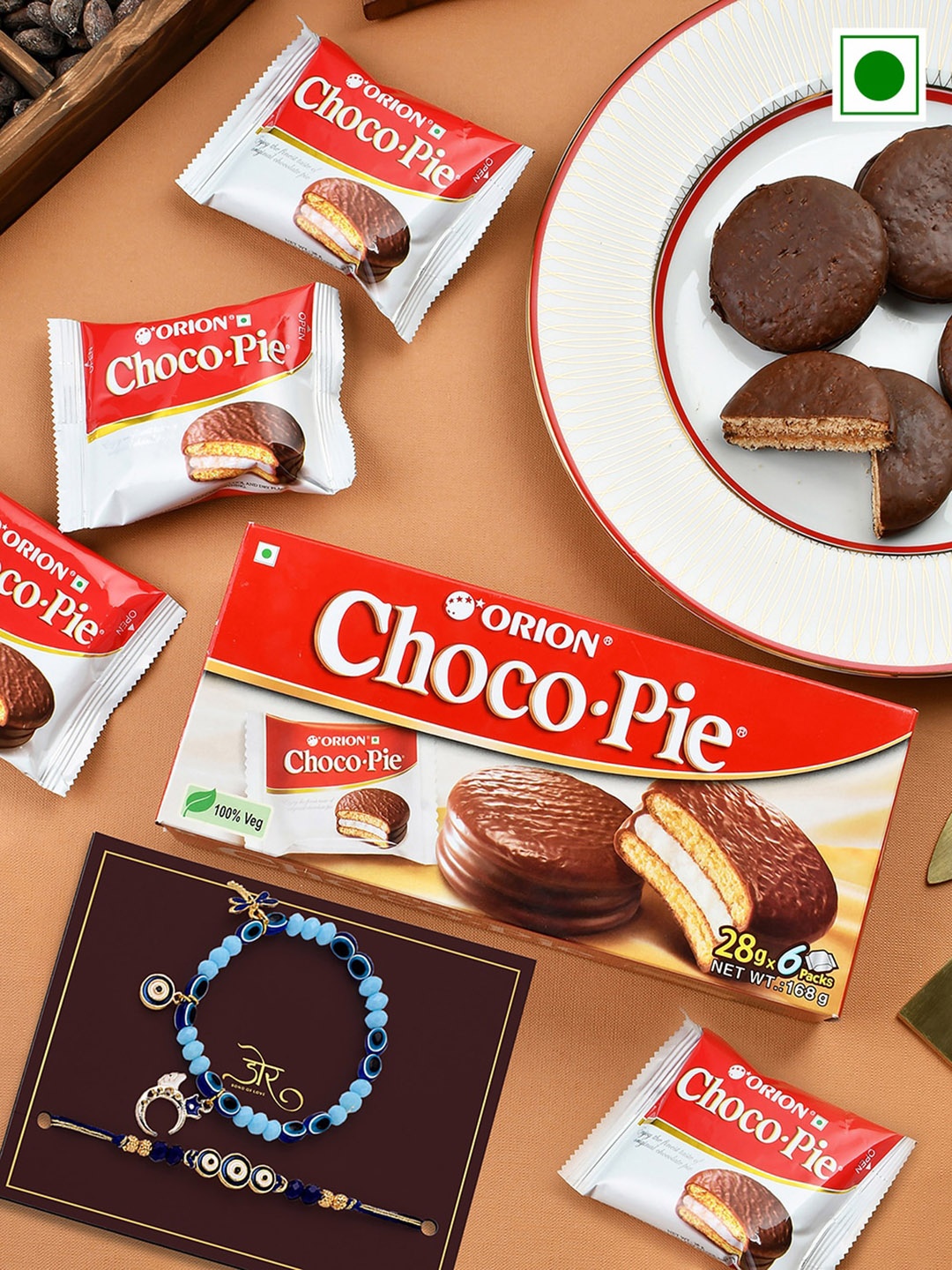 

Hyperfoods Bhai Bhabhi Rakhi with Orion Choco Pie 168g, Blue