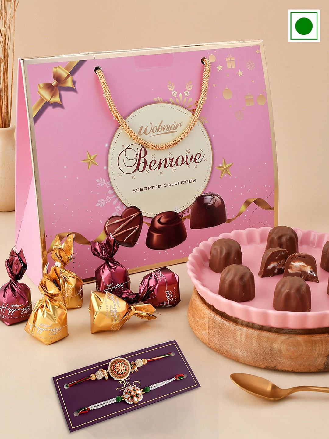 

Hyperfoods Set Of 2 Stone-Studded Rakhis With Benrove Chocolate Set, Pink