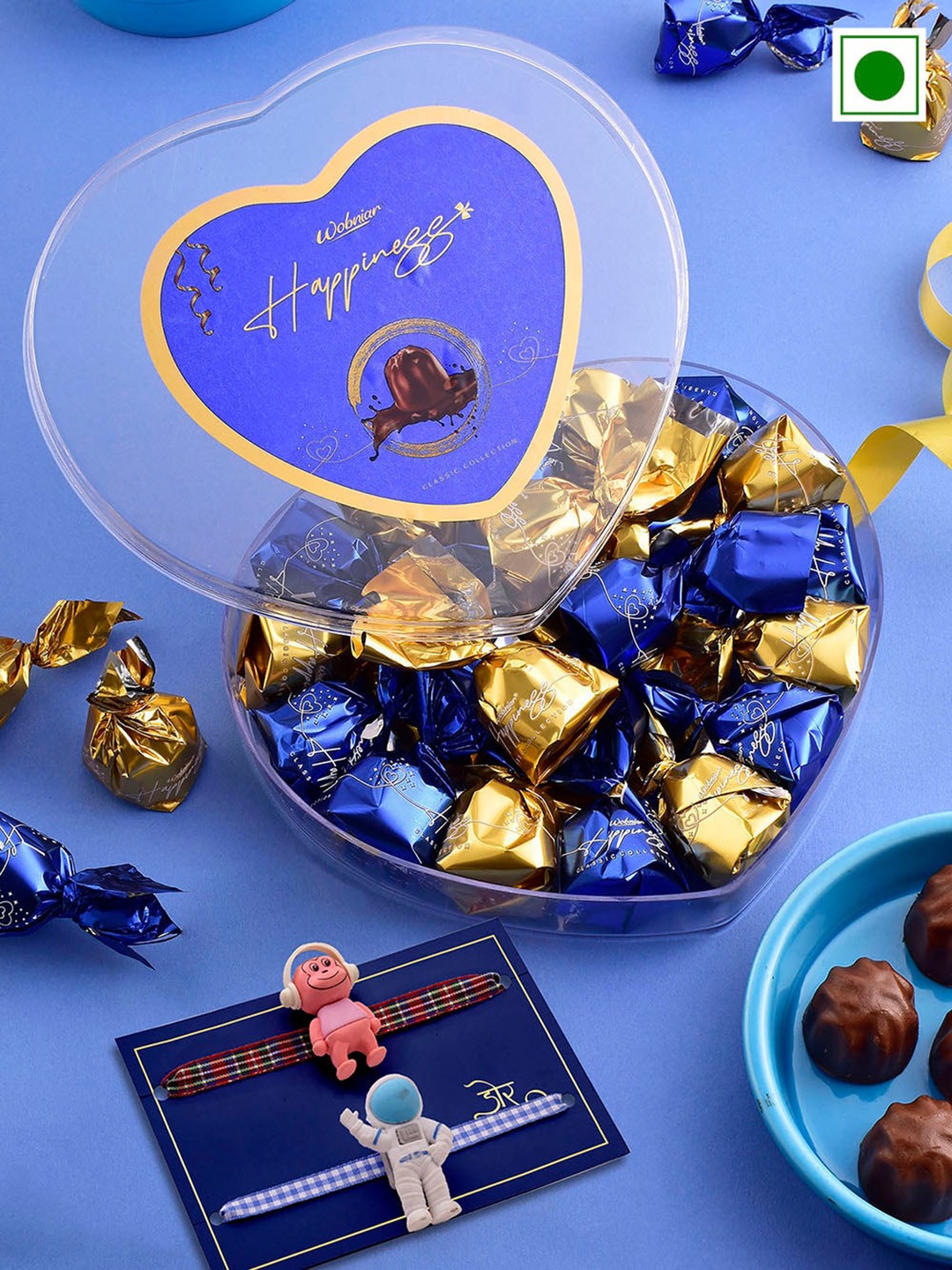 

Hyperfoods Kids Set Of 2 Rakhi With Wobniar Chocolates Gift Set 220gm, Blue