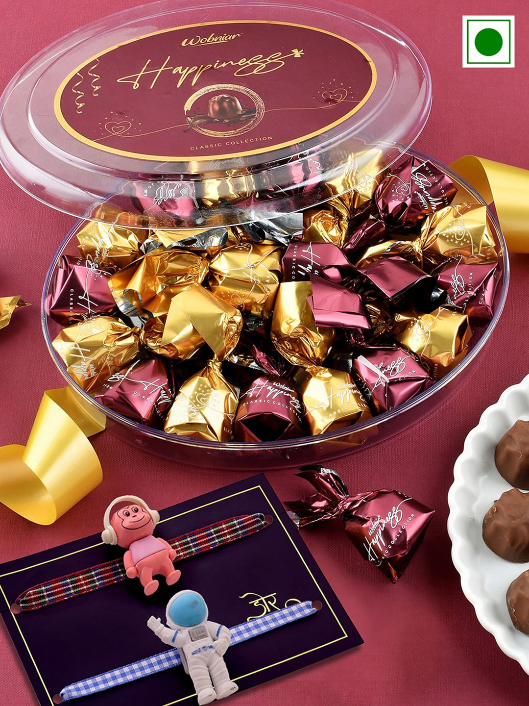 

Hyperfoods Set Of 2 Rakhis With Wobniar Chocolate Set, Red