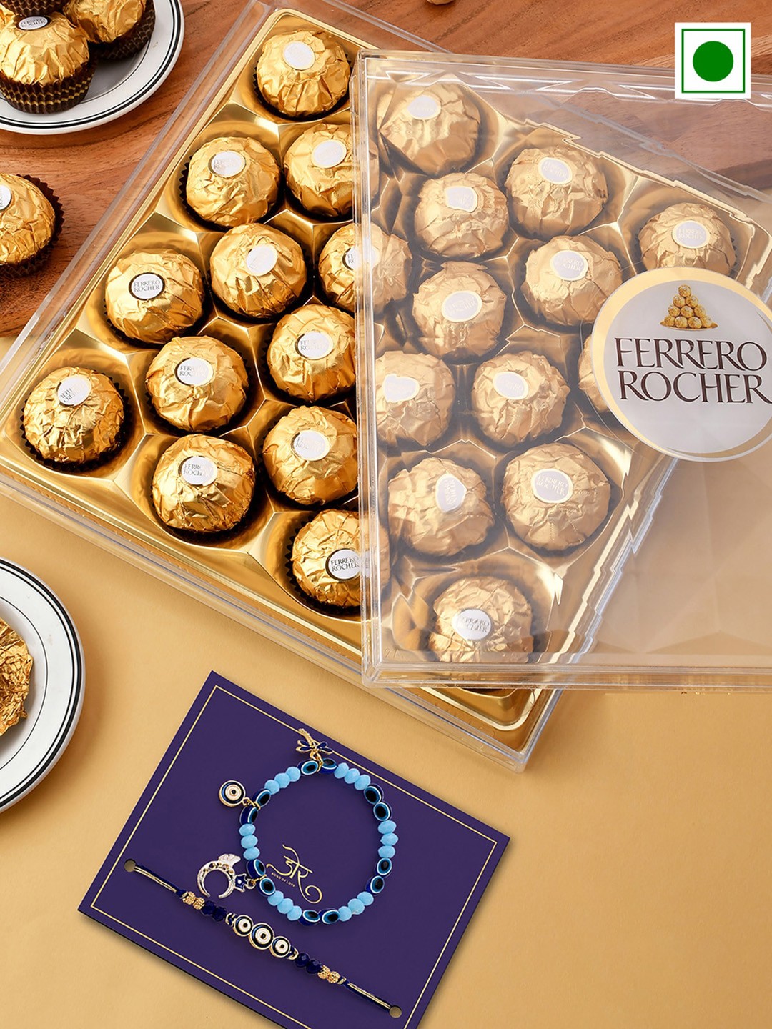 

Hyperfoods Set Of 2 Beaded Rakhis With Ferrero Rocher Chocolate Set, Blue