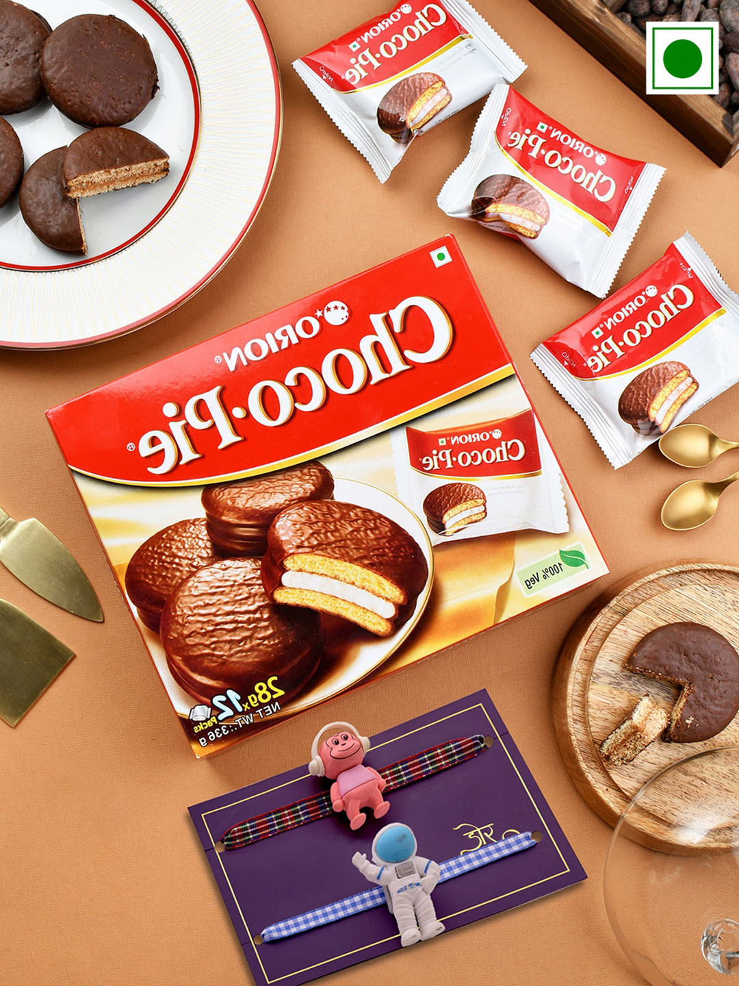 

Hyperfoods Kids Set Of 2 Stone-Studded Rakhi With Orion Choco Pie 336gms, Red