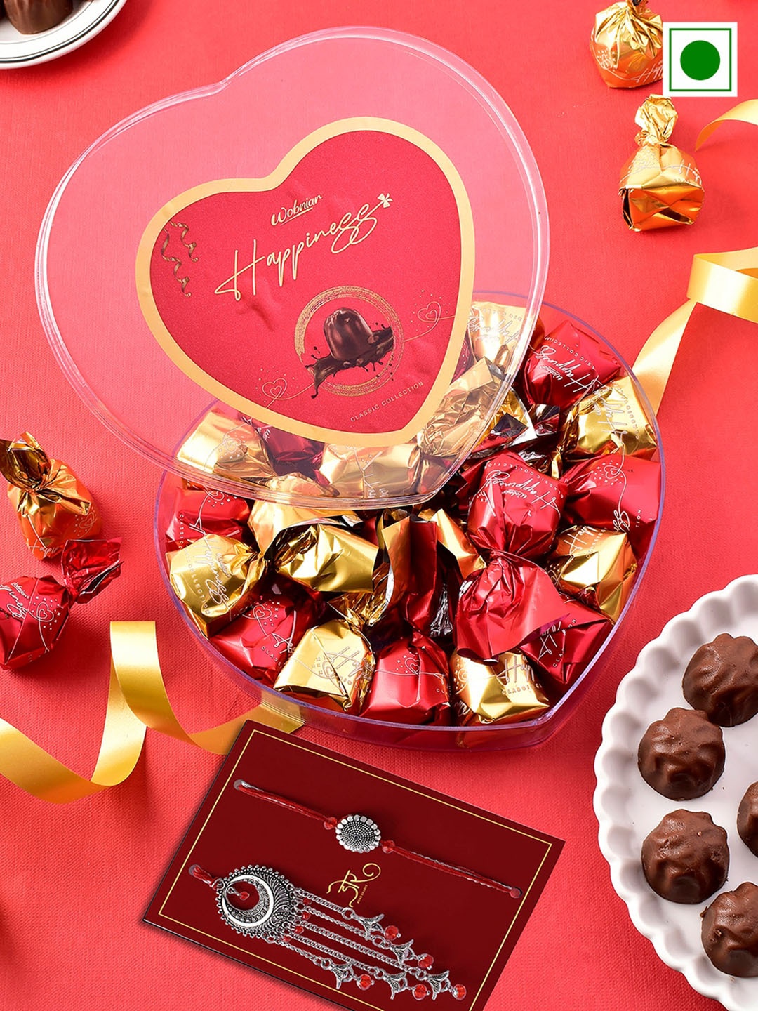 

Hyperfoods Set Of 2 Stone-Studded Rakhis With Wobniar Chocolate, Red