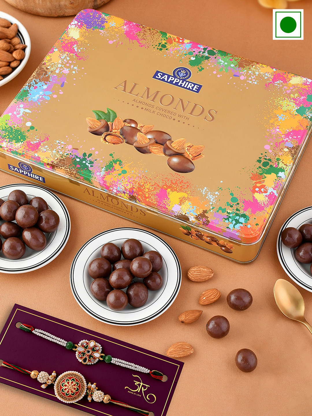 

Hyperfoods Set Of 2 Rakhi With Sapphire Almonds Chocolate Gift Set, White