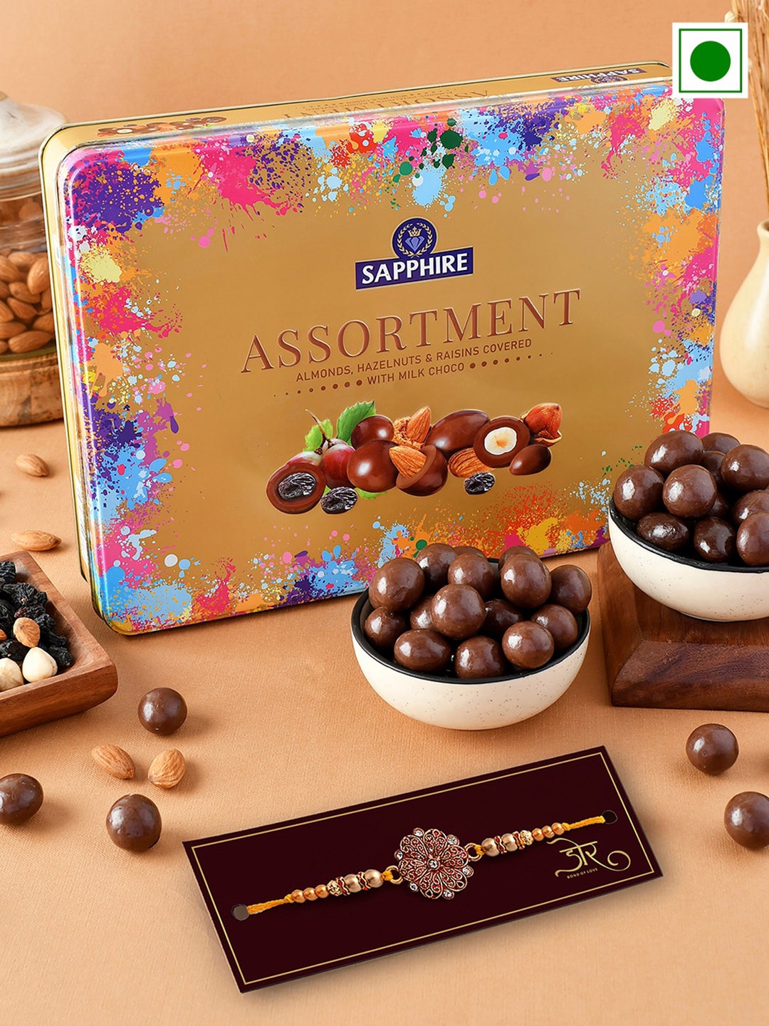 

Hyperfoods Stone-Studded Rakhi With Chocolate Coated Fruit & Nut Set, Brown