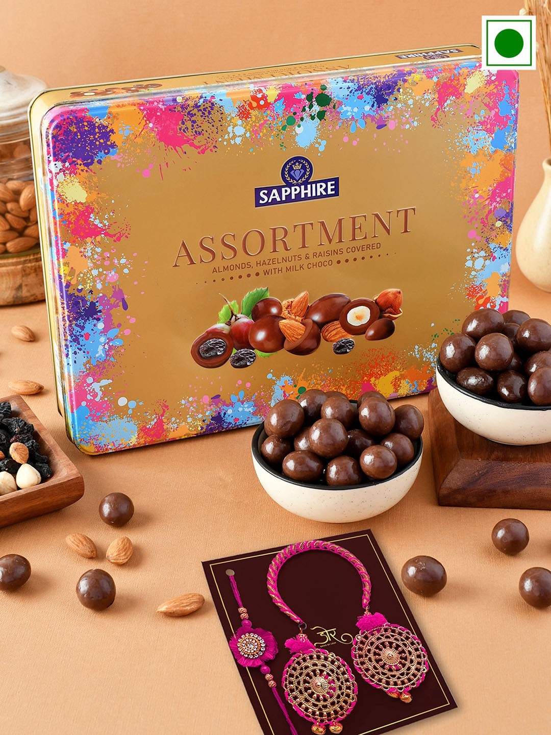 

Hyperfoods Set Of 2 Stone-Studded Rakhis With Sapphire Chocolate Set, Brown