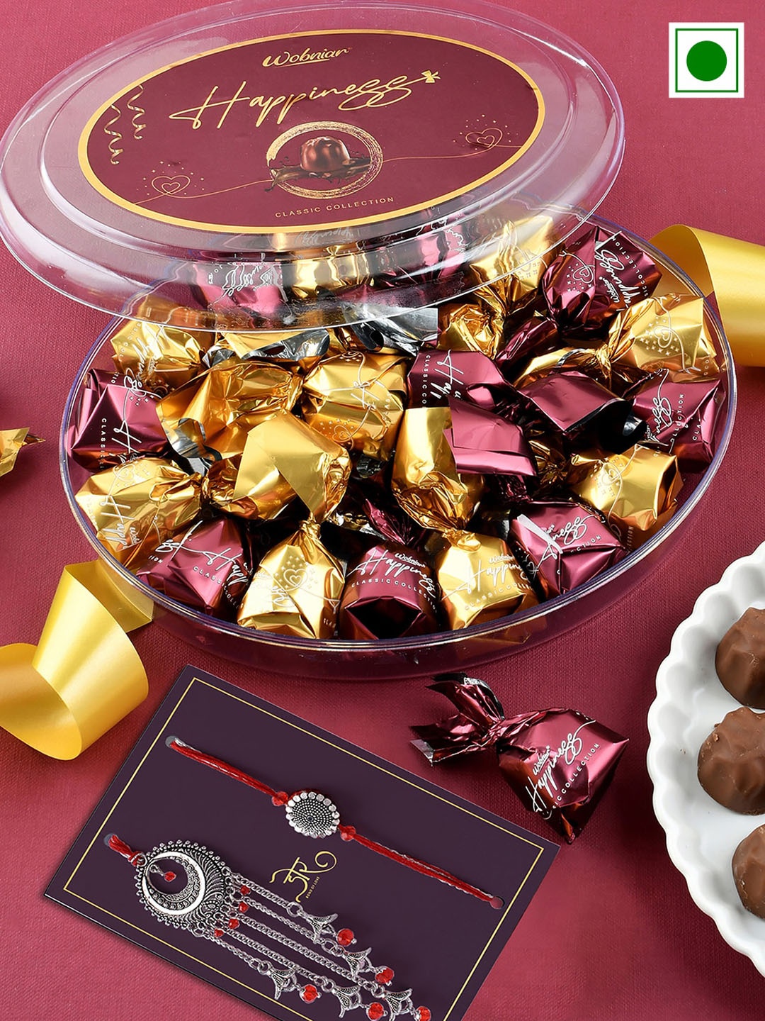 

Hyperfoods Set Of 2 Beaded Rakhis With Wobniar Chocolate Gift Set- 220gms, Red