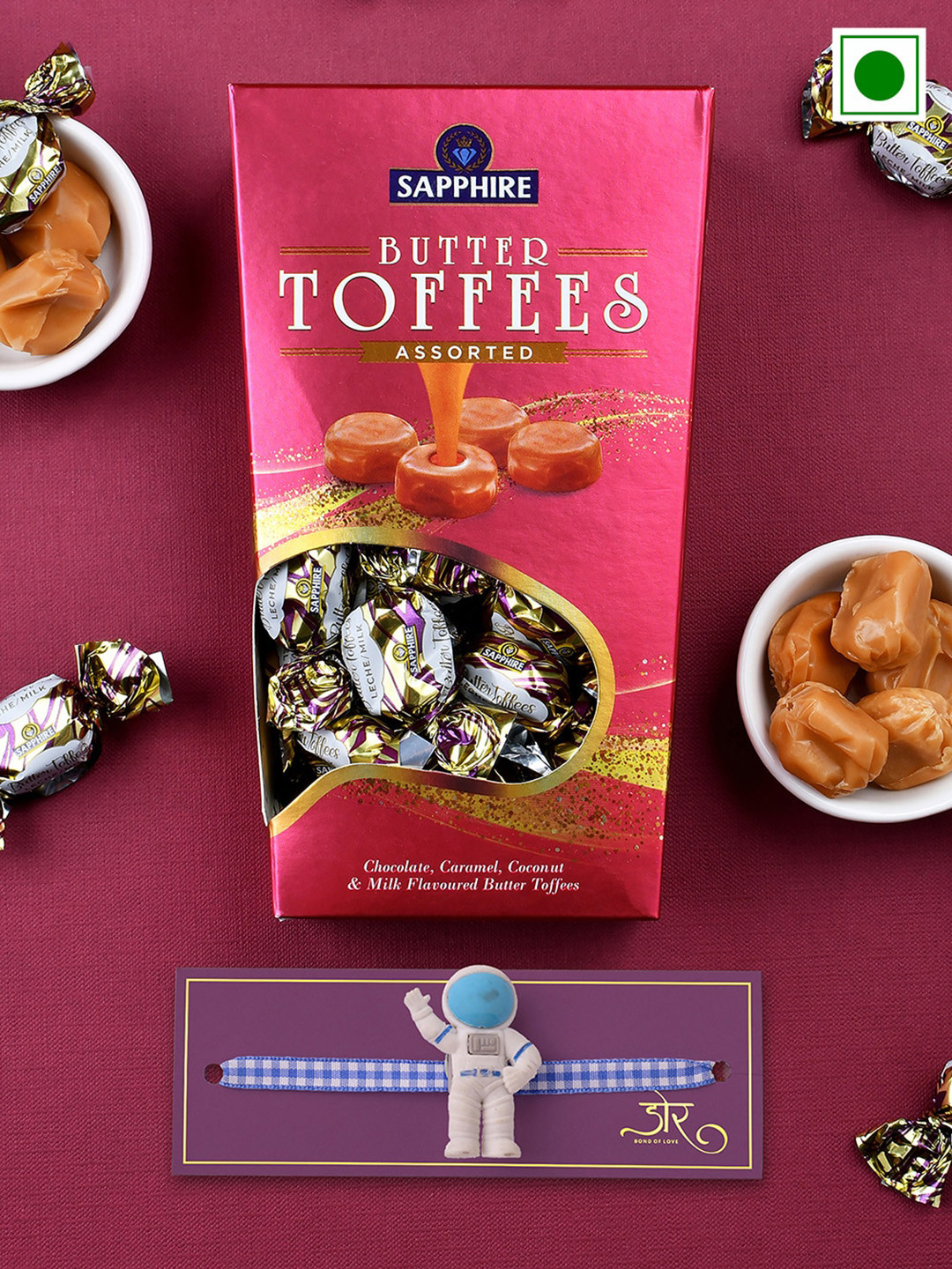 

Hyperfoods Astronaut Charm Rakhi With Sapphire Assorted Butter Toffees Chocolate Set, Blue