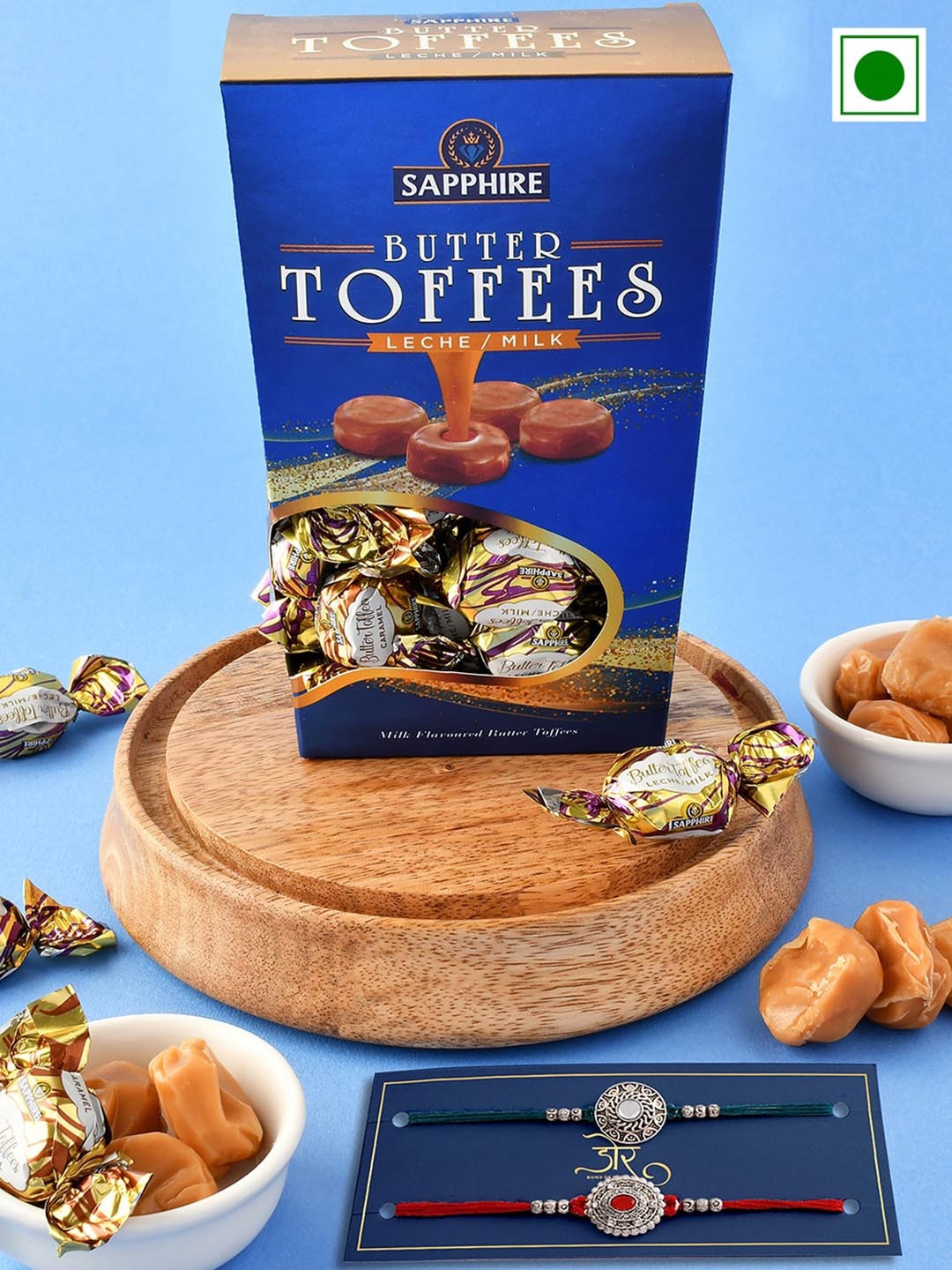Hyperfoods Set Of 2 Stone-Studded Rakhi With Sapphire Butter Chocolate 300gms, Blue