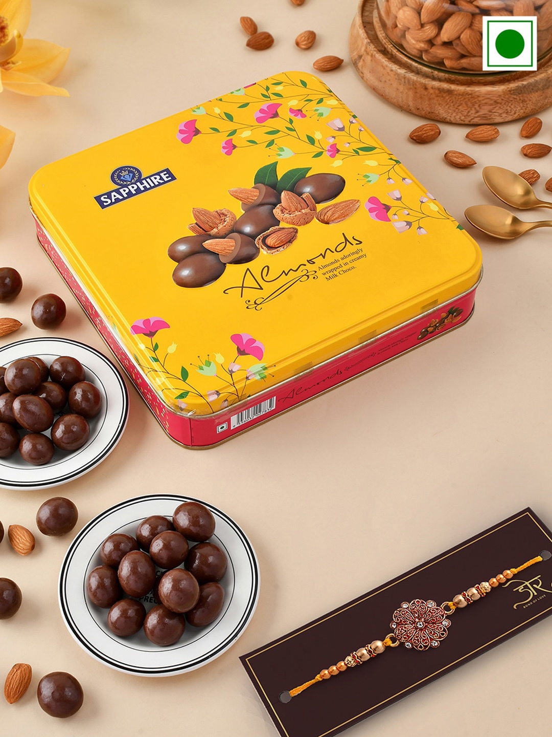 

Hyperfoods Set Of 2 Stone Studded Rakhi With Chocolate Gift Set, Yellow
