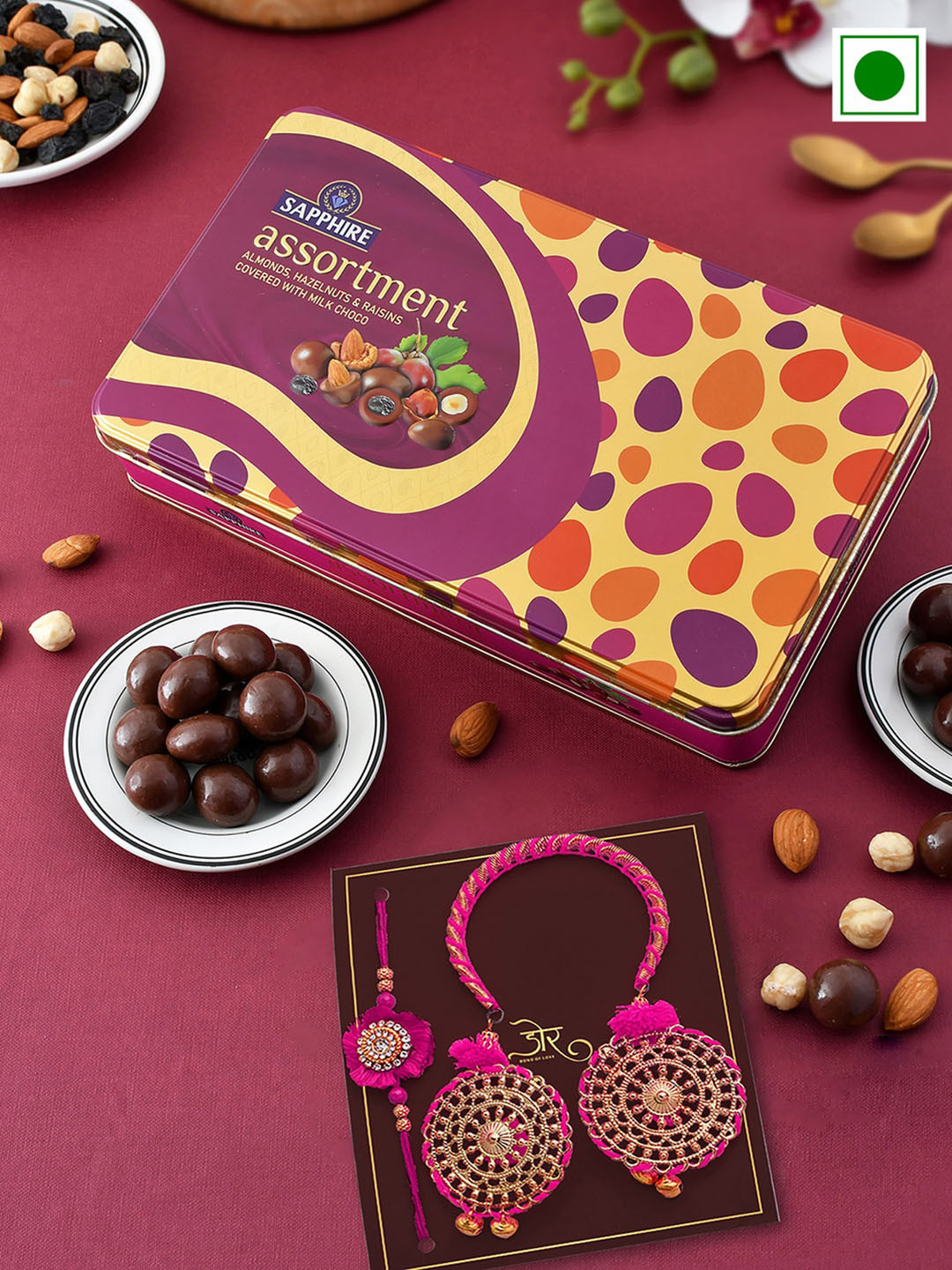 

Hyperfoods Set Of 2 Stone Studded Rakhi With Chocolate Gifts Set, Gold