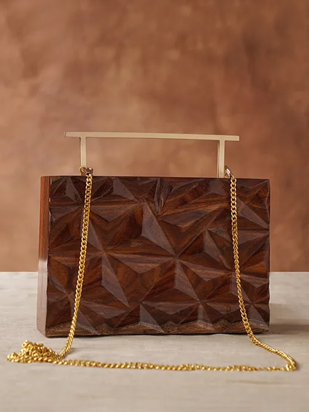 

Jalwa Art Textured Cut Work Box Clutch With Shoulder Strap, Brown